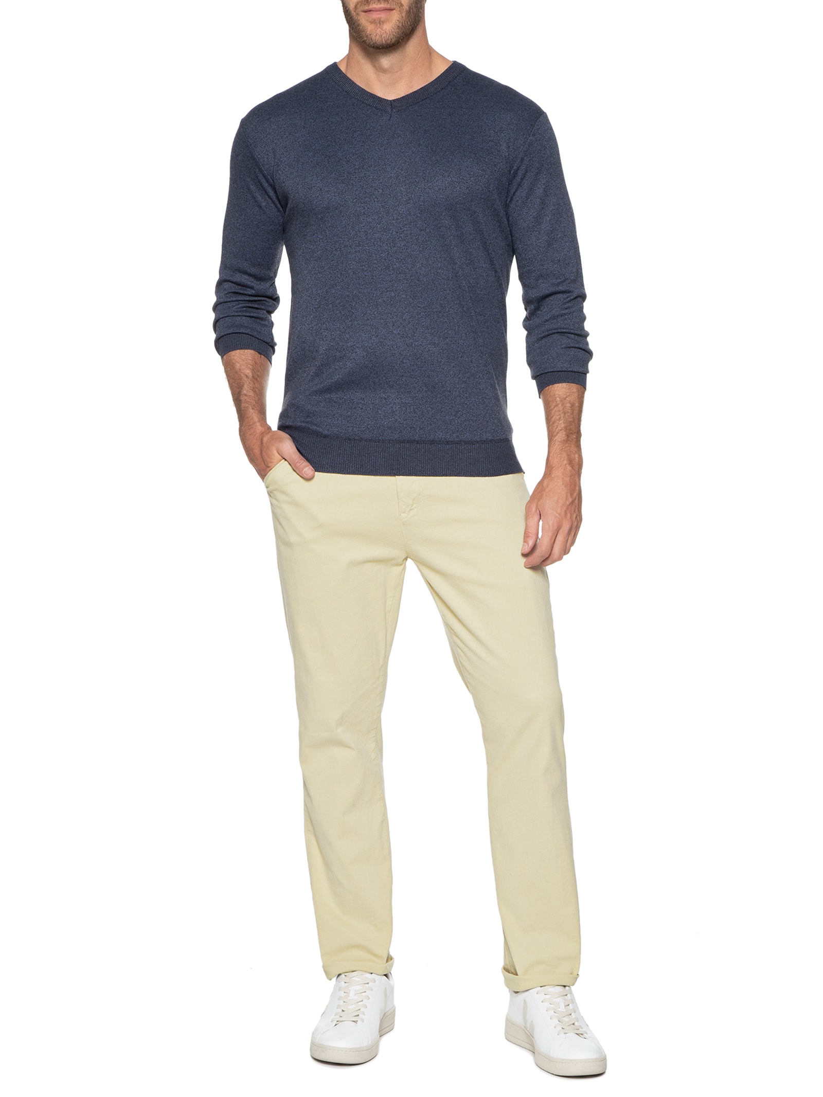 Suéter Tricot Masculino Gola V Básico Cinza Basiq Men