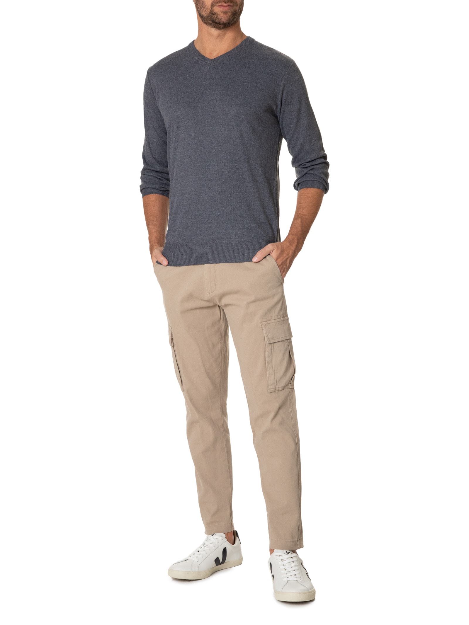 Suéter Tricot Masculino Gola V Básico Cinza Basiq Men
