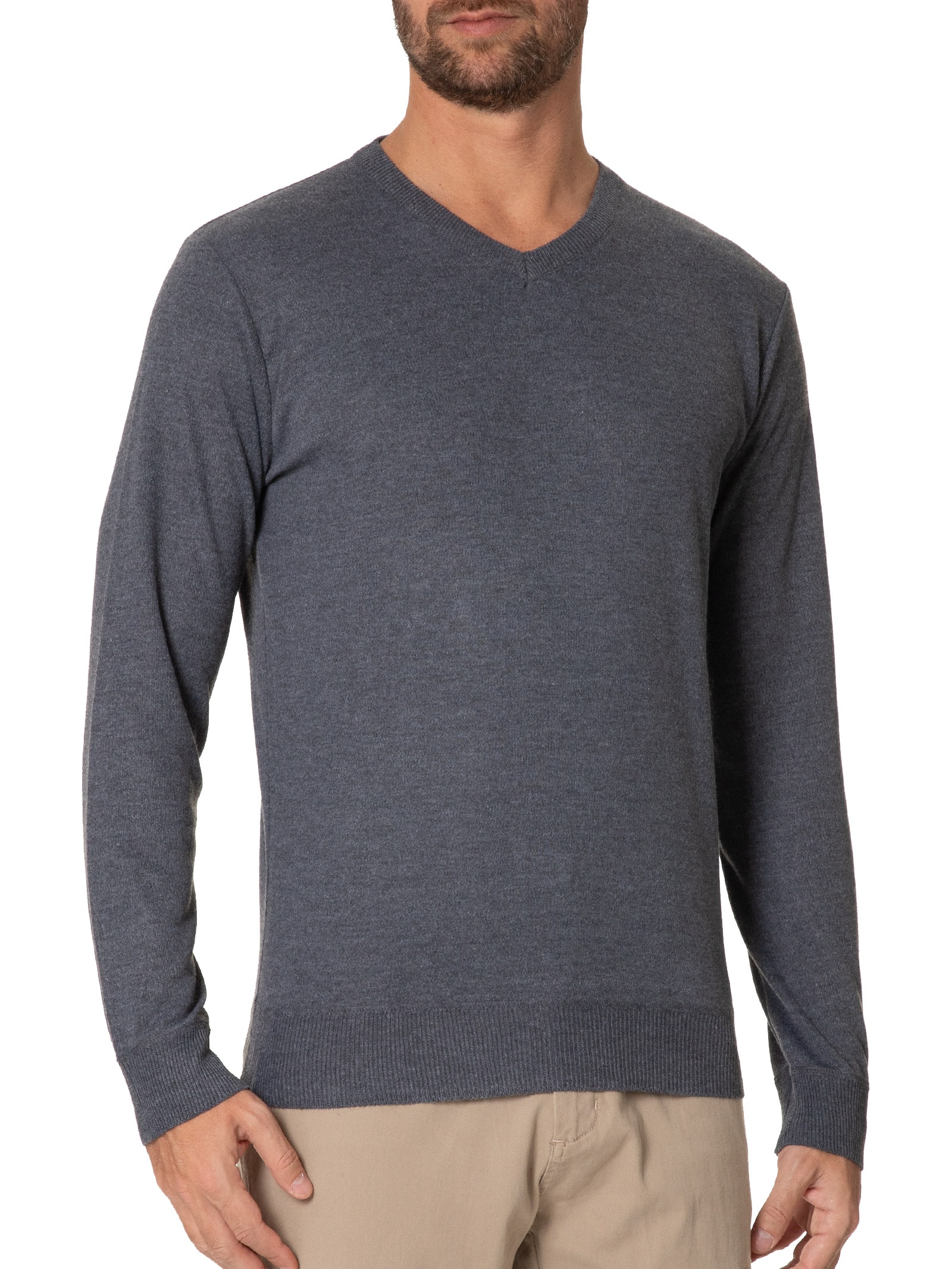 Suéter Tricot Masculino Gola V Básico Cinza Basiq Men