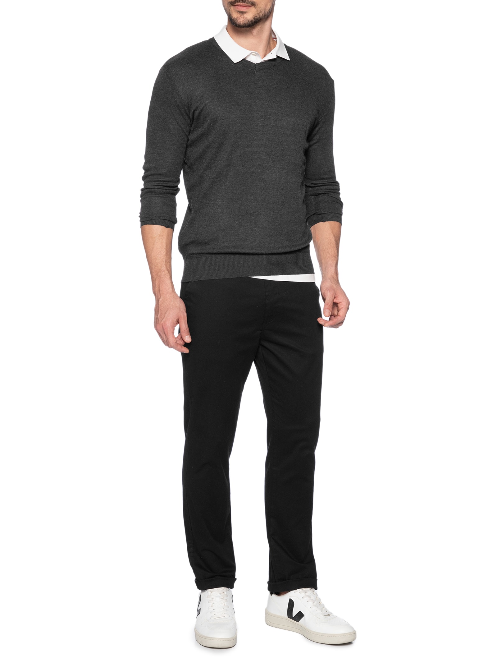 Suéter Tricot Masculino Gola V Básico Cinza '2 Essential