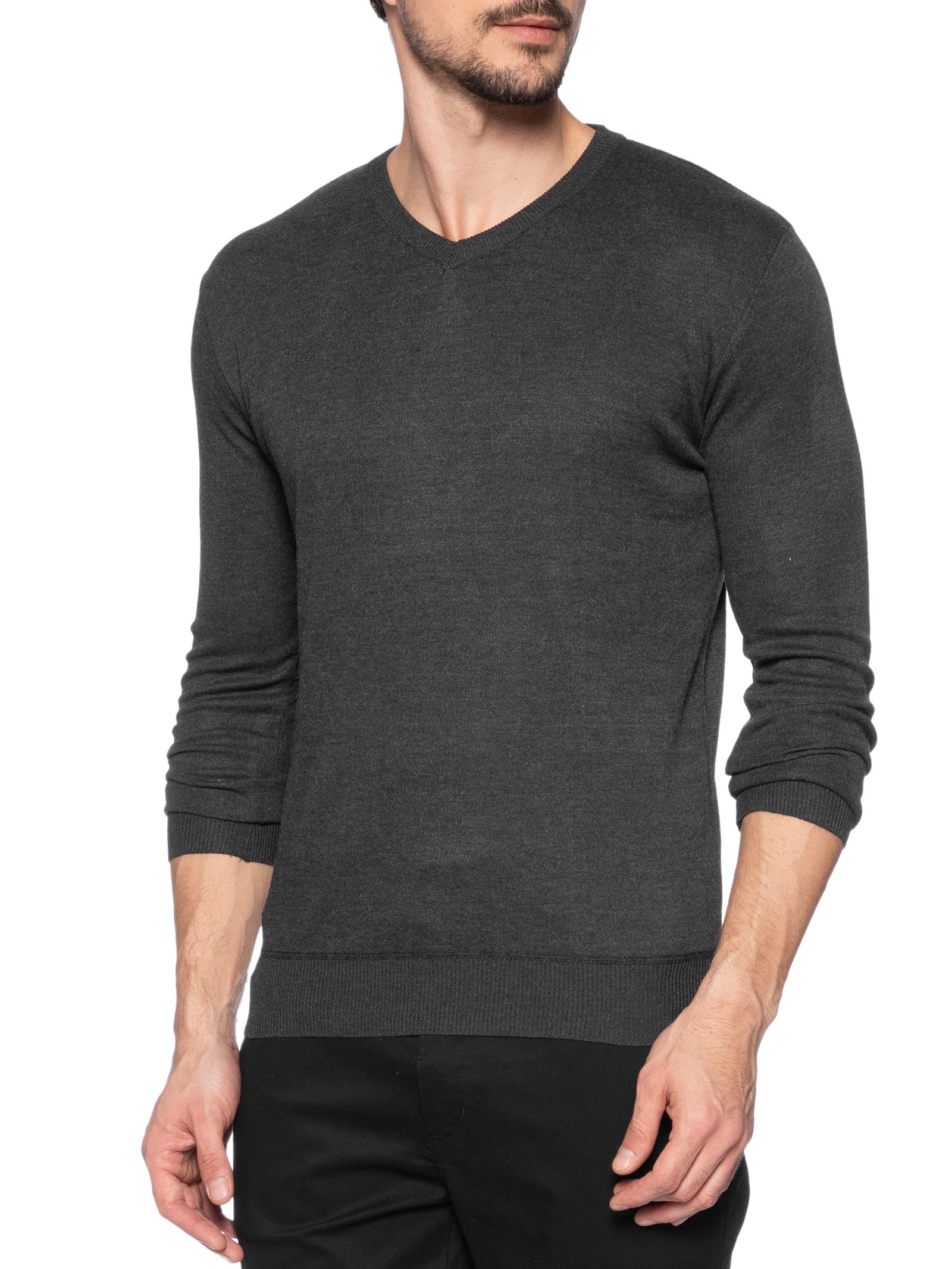 Suéter Tricot Masculino Gola V Básico Cinza '2 Essential