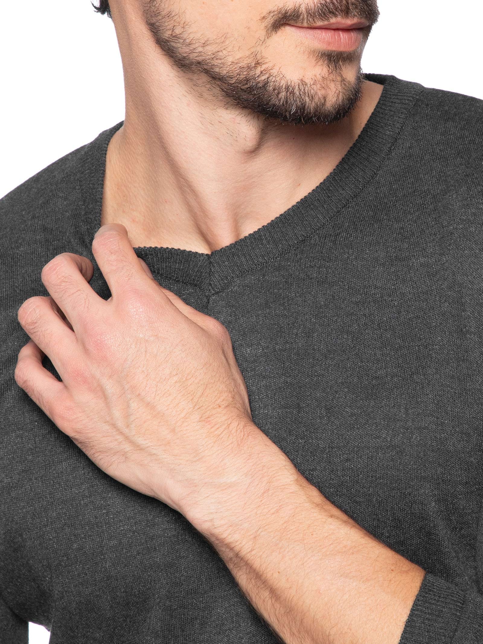Suéter Tricot Masculino Gola V Básico Cinza '2 Essential