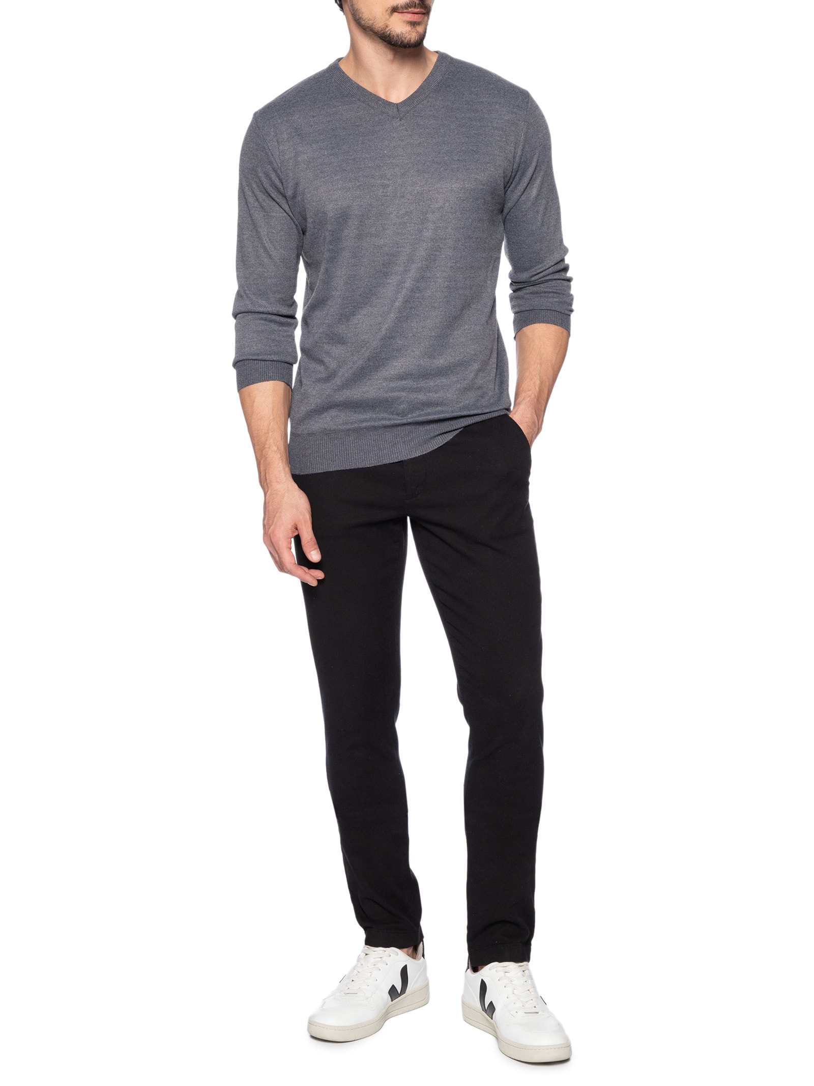 Suéter Tricot Masculino Gola V Básico Cinza '2 Essential