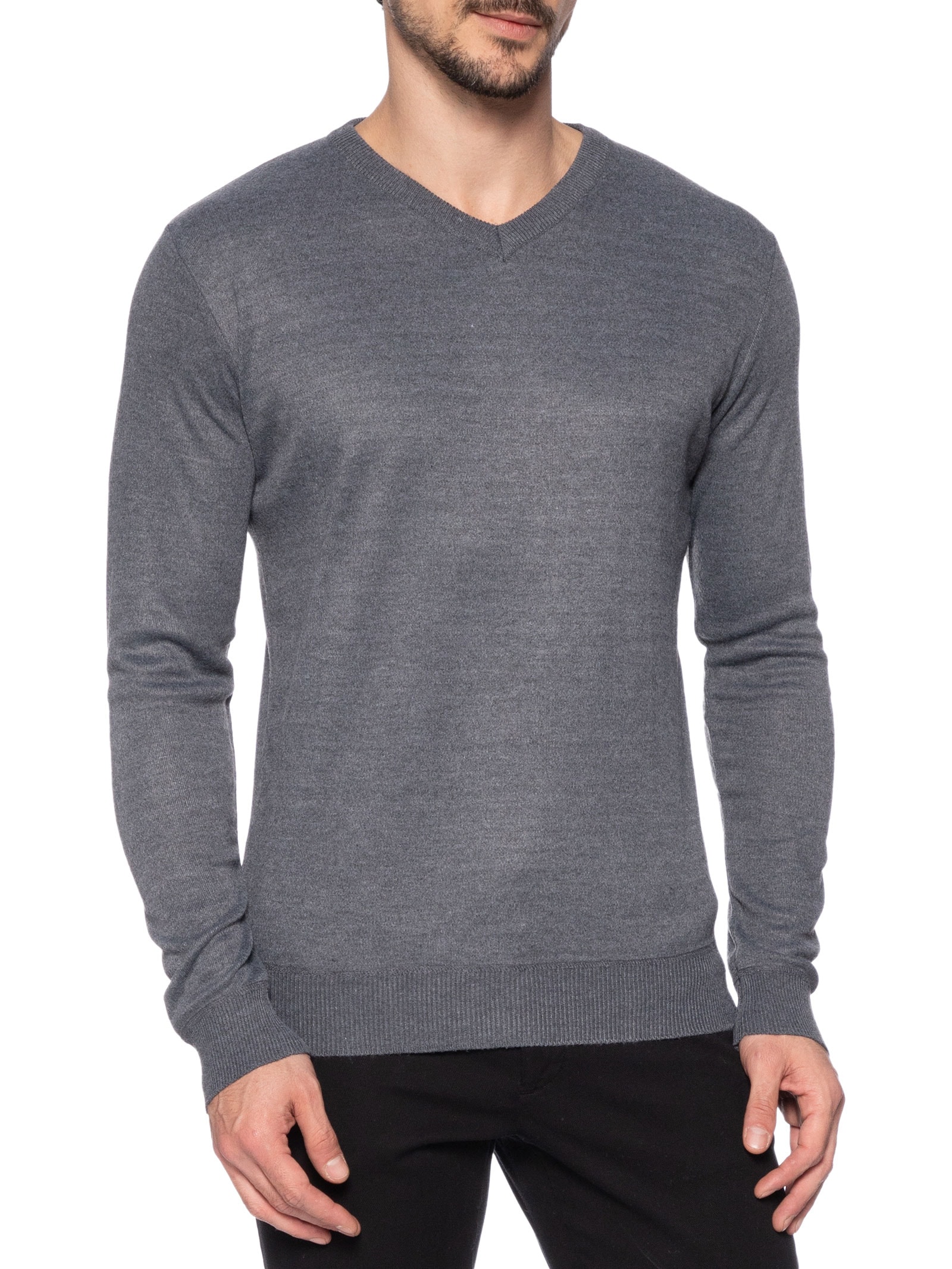 Suéter Tricot Masculino Gola V Básico Cinza '2 Essential