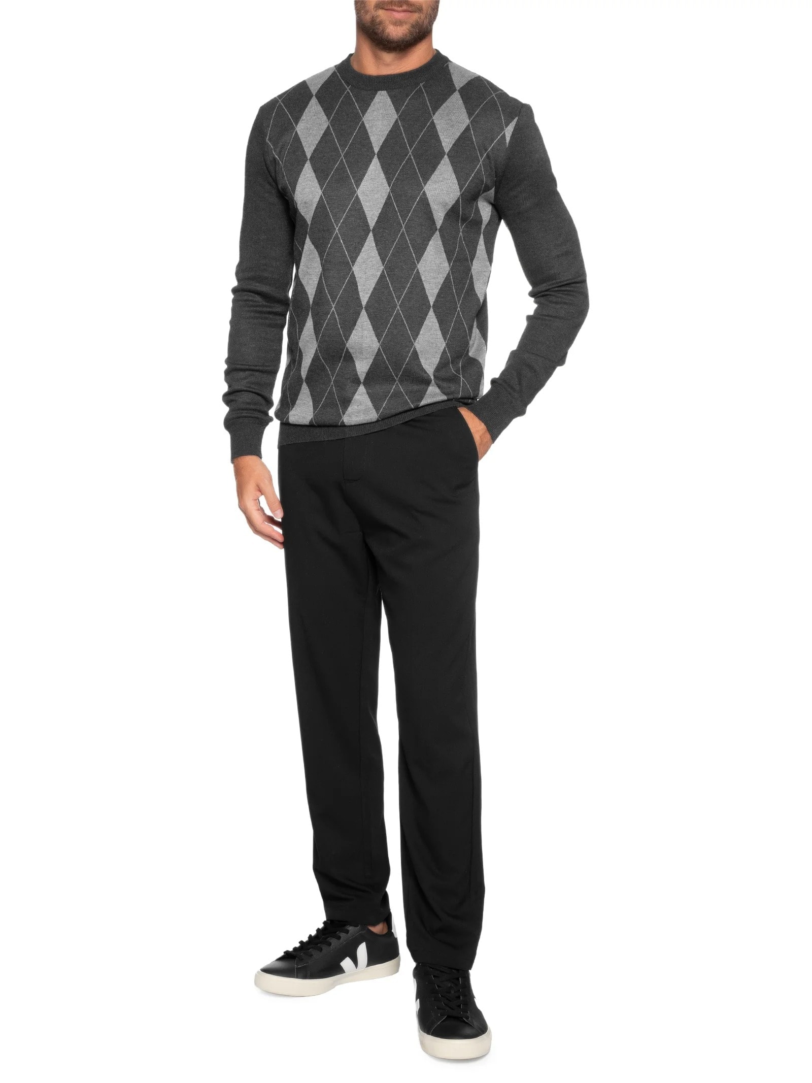 Suéter Tricot Masculino Gola V Básico Cinza '2 Essential