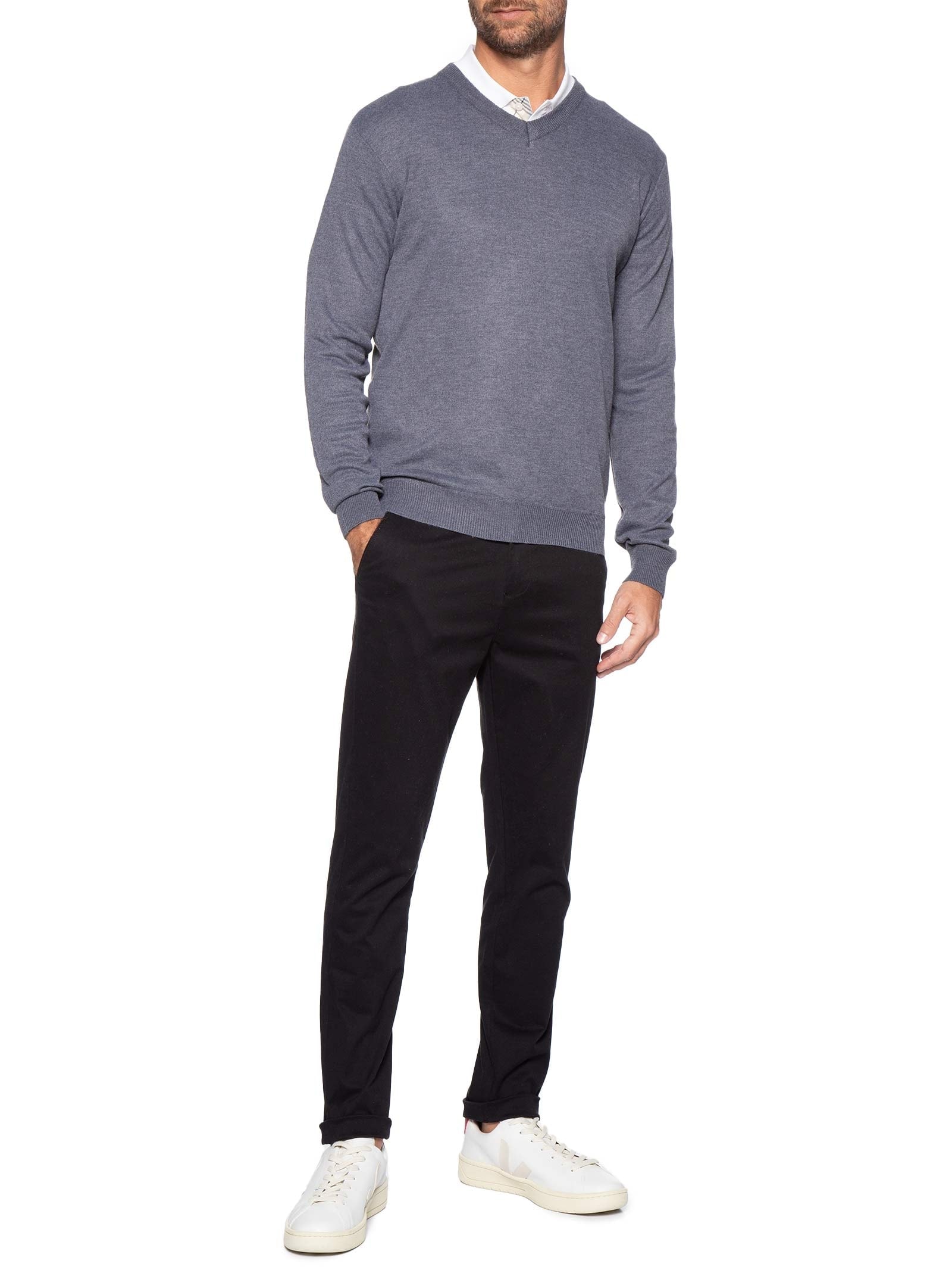 Suéter Tricot Masculino Gola V Básico Cinza Basiq Men