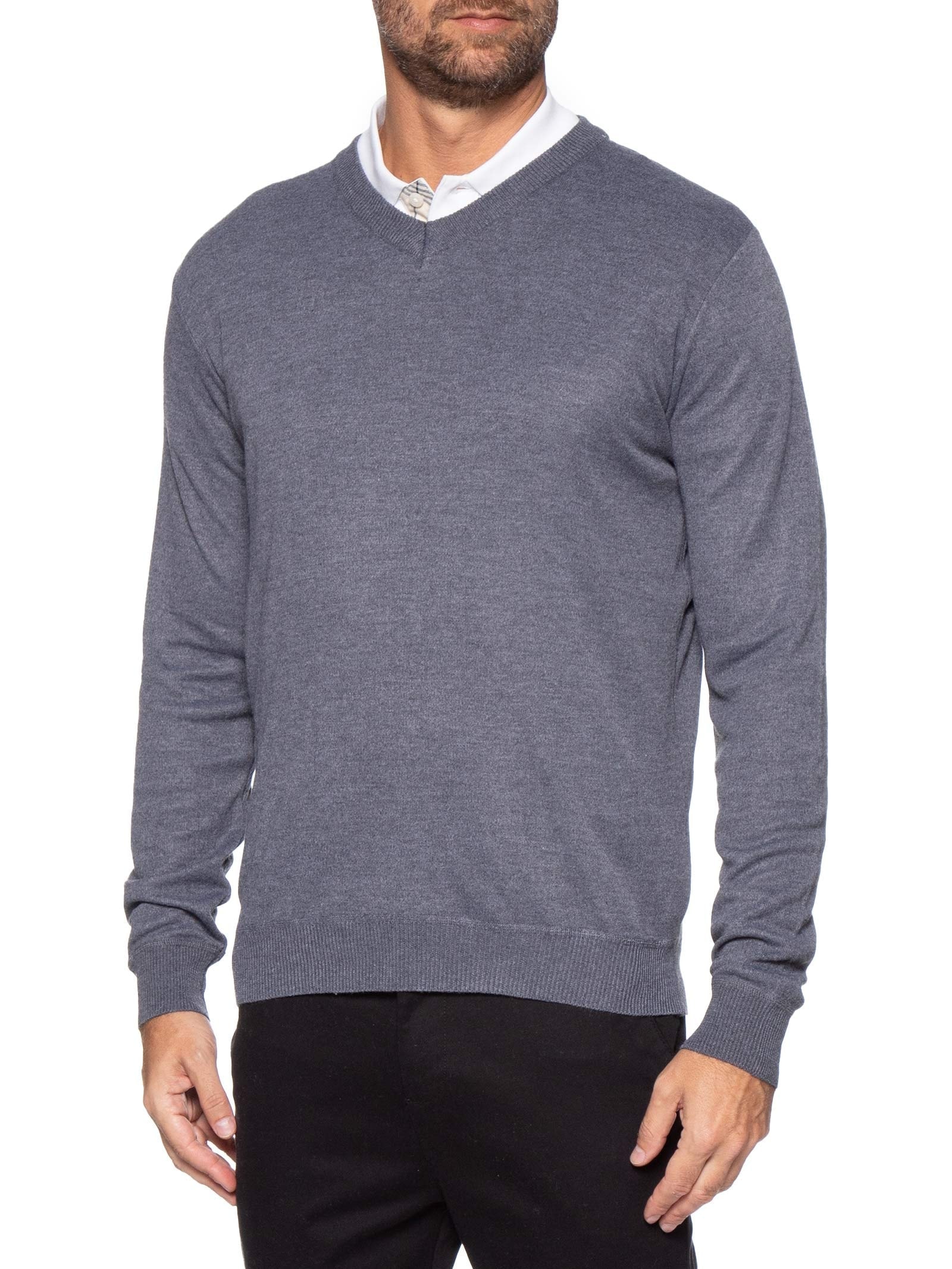 Suéter Tricot Masculino Gola V Básico Cinza Basiq Men