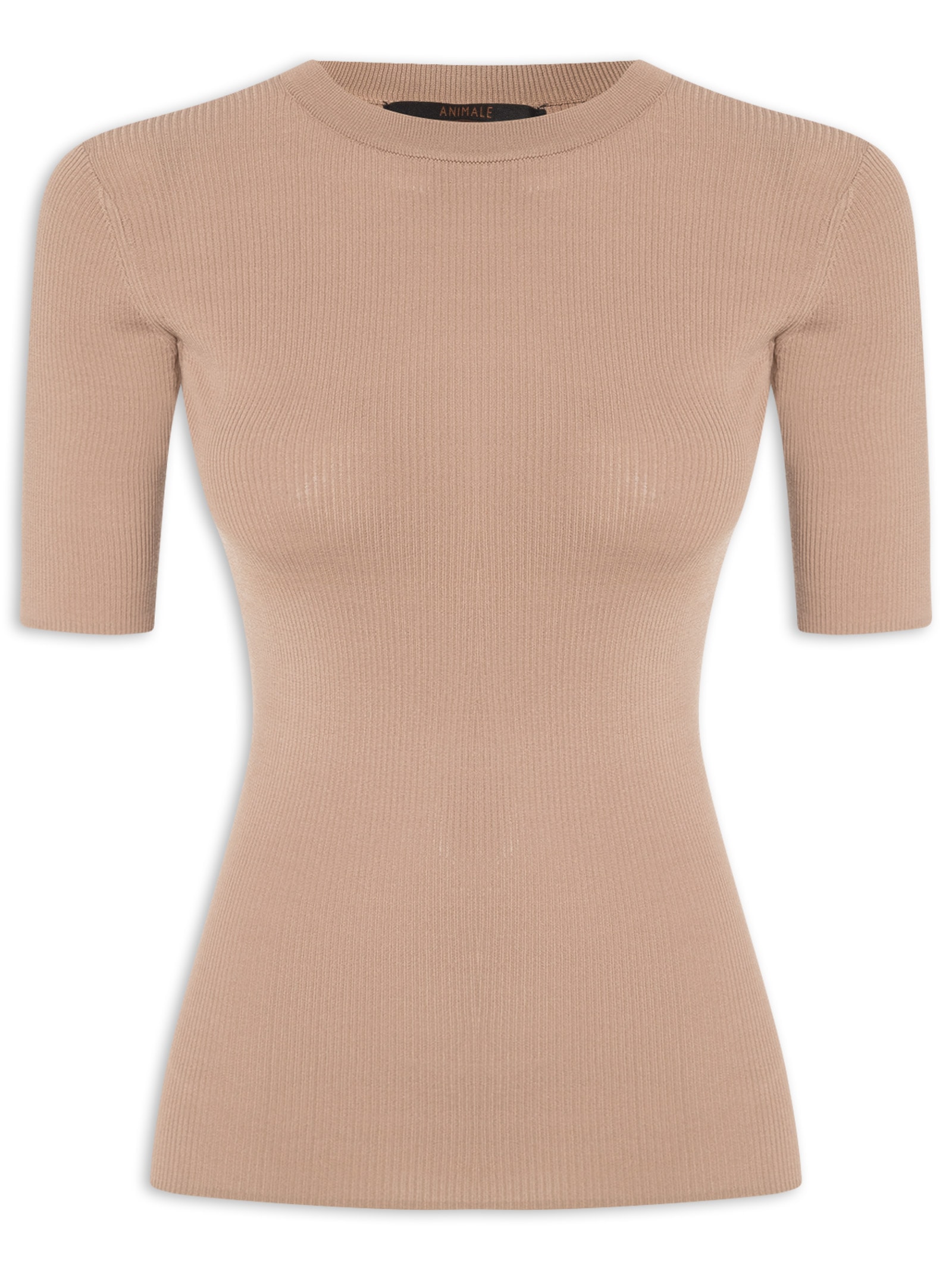 T-Shirt De Tricot Canelado Básica Marrom Animale