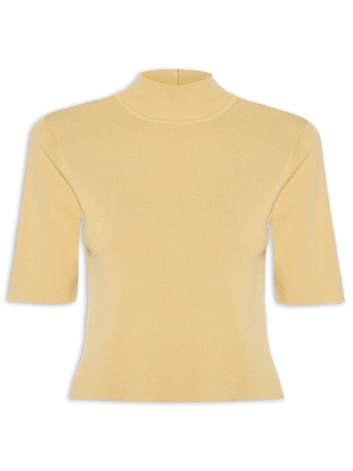 T-Shirt De Tricot Gola Alta Básica - Bege