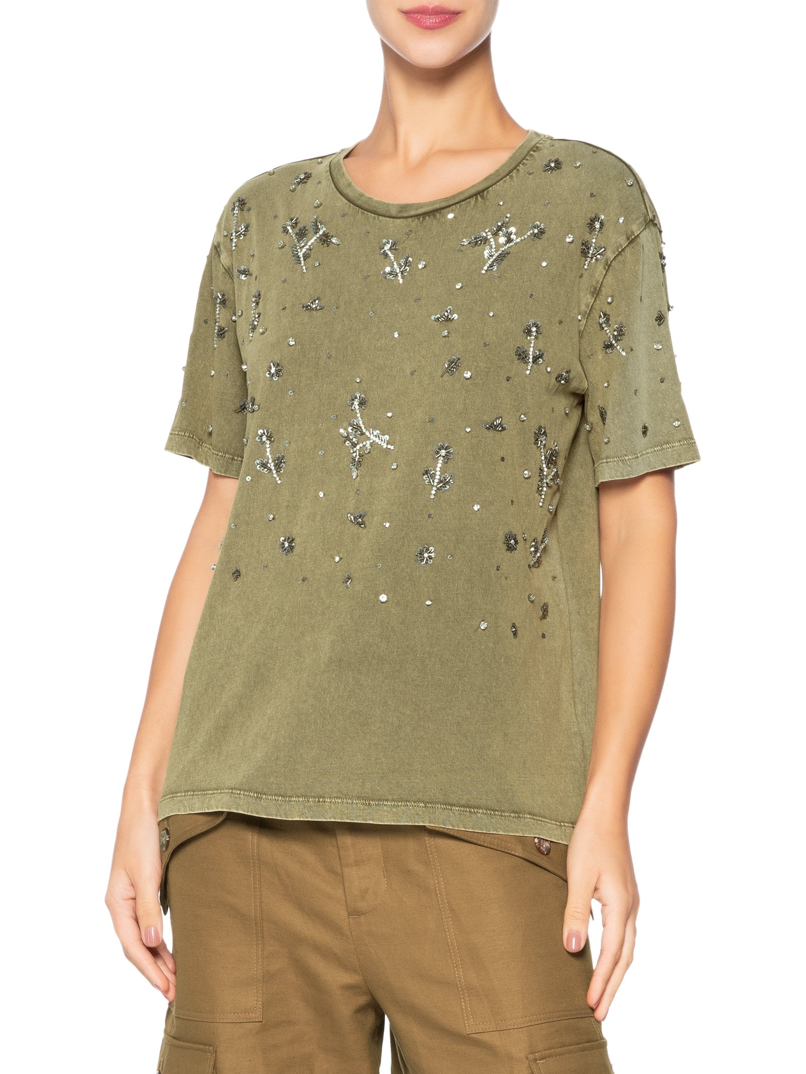 T-shirt Feminina  Bordada Flores Verde Animale