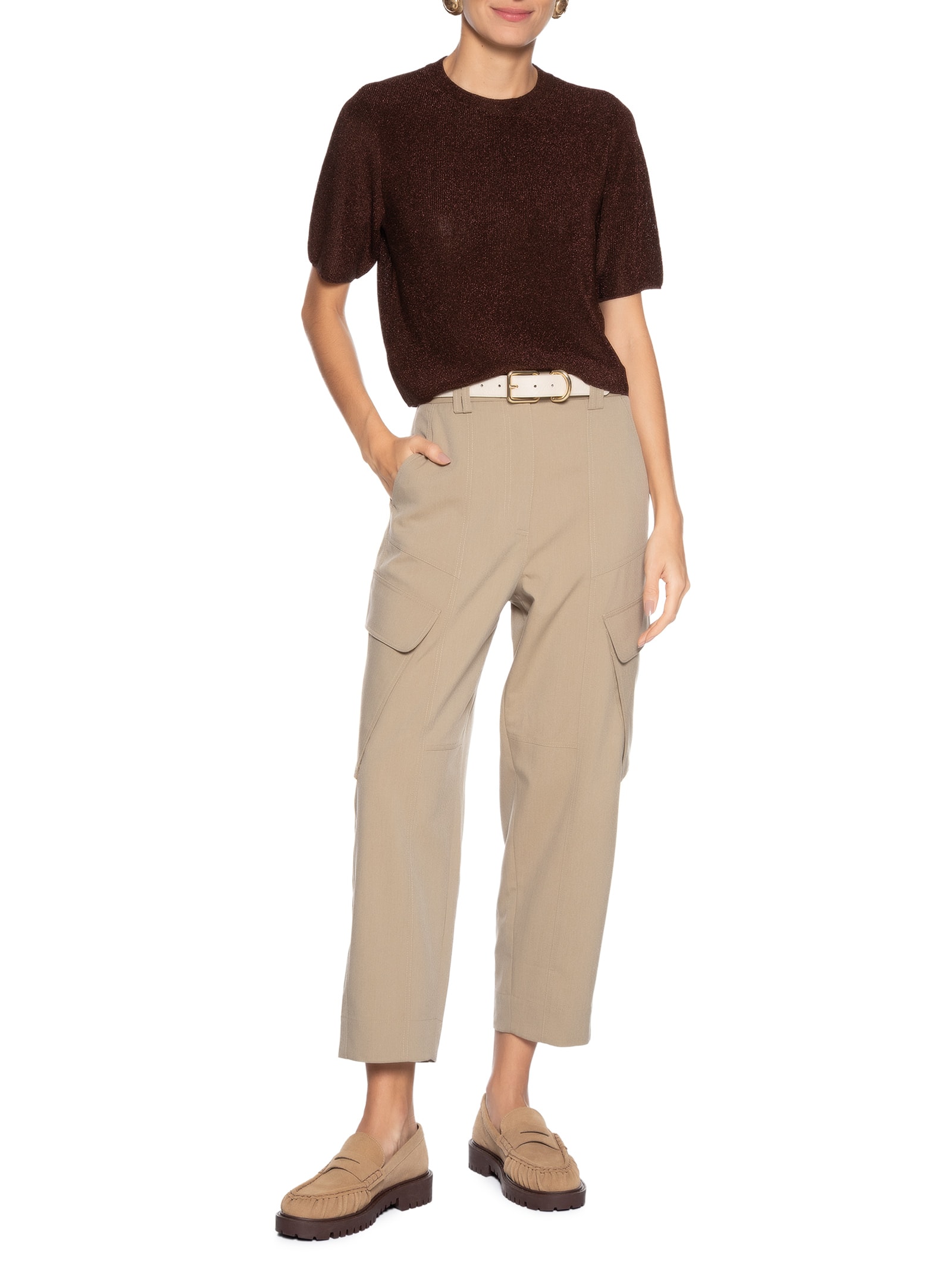 T- Shirt Feminina Decite redondo Tricot Lurex Marrom Animale