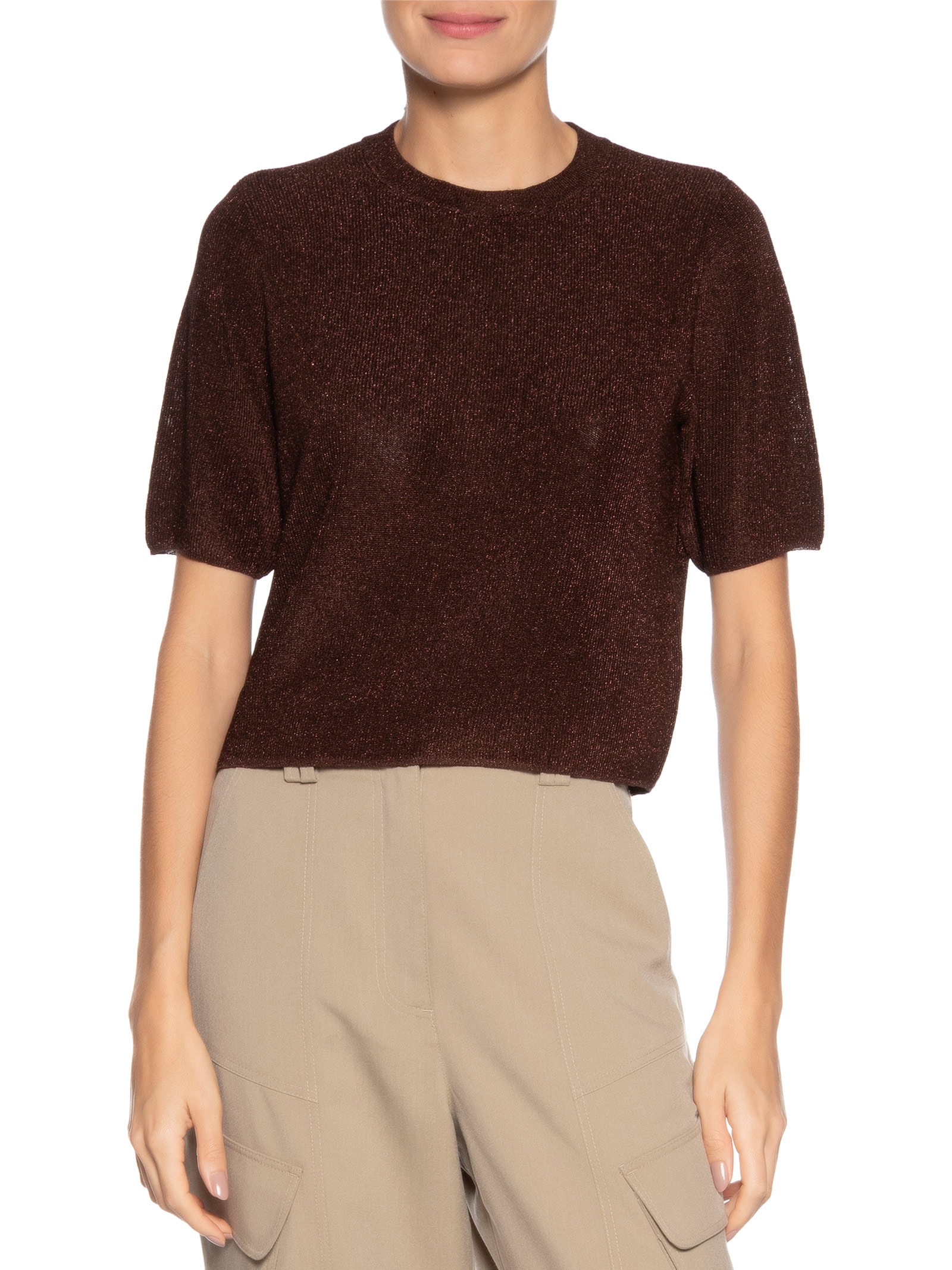 T- Shirt Feminina Decite redondo Tricot Lurex Marrom Animale