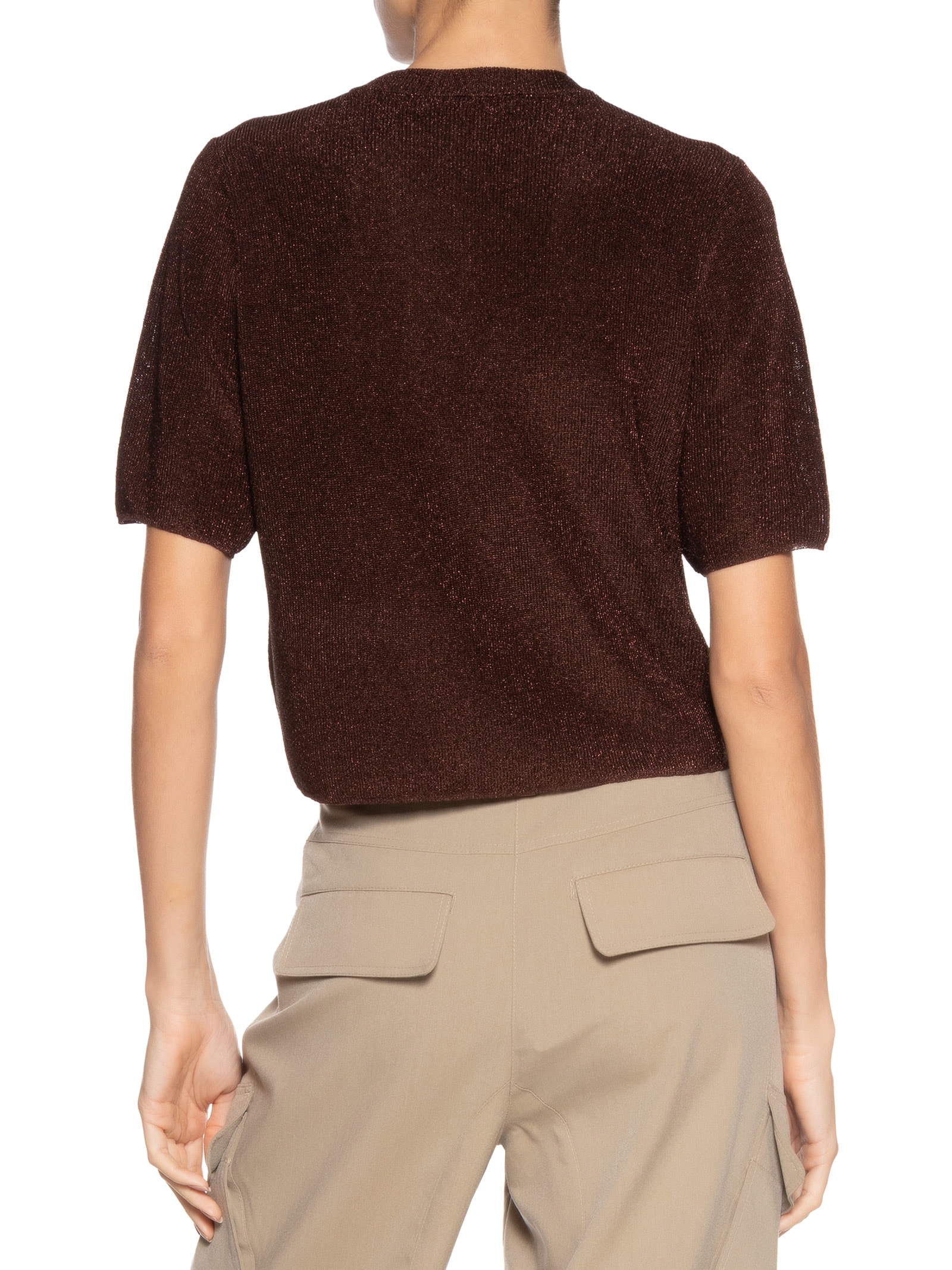 T- Shirt Feminina Decite redondo Tricot Lurex Marrom Animale