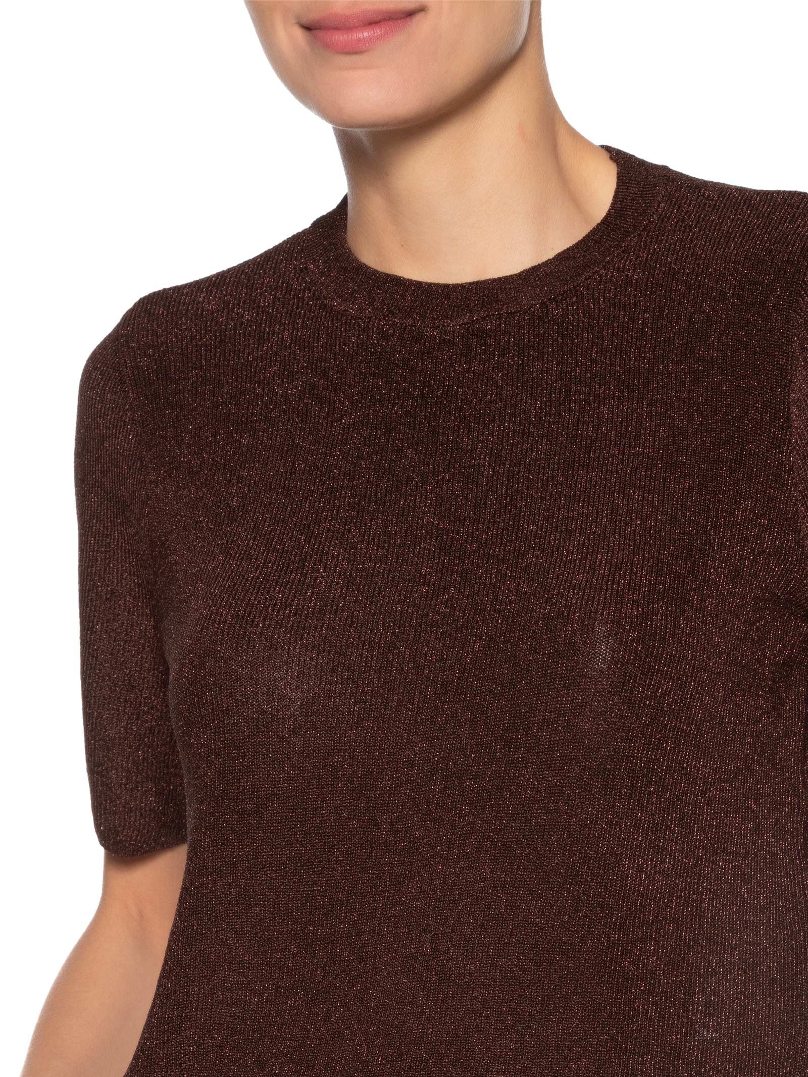 T- Shirt Feminina Decite redondo Tricot Lurex Marrom Animale