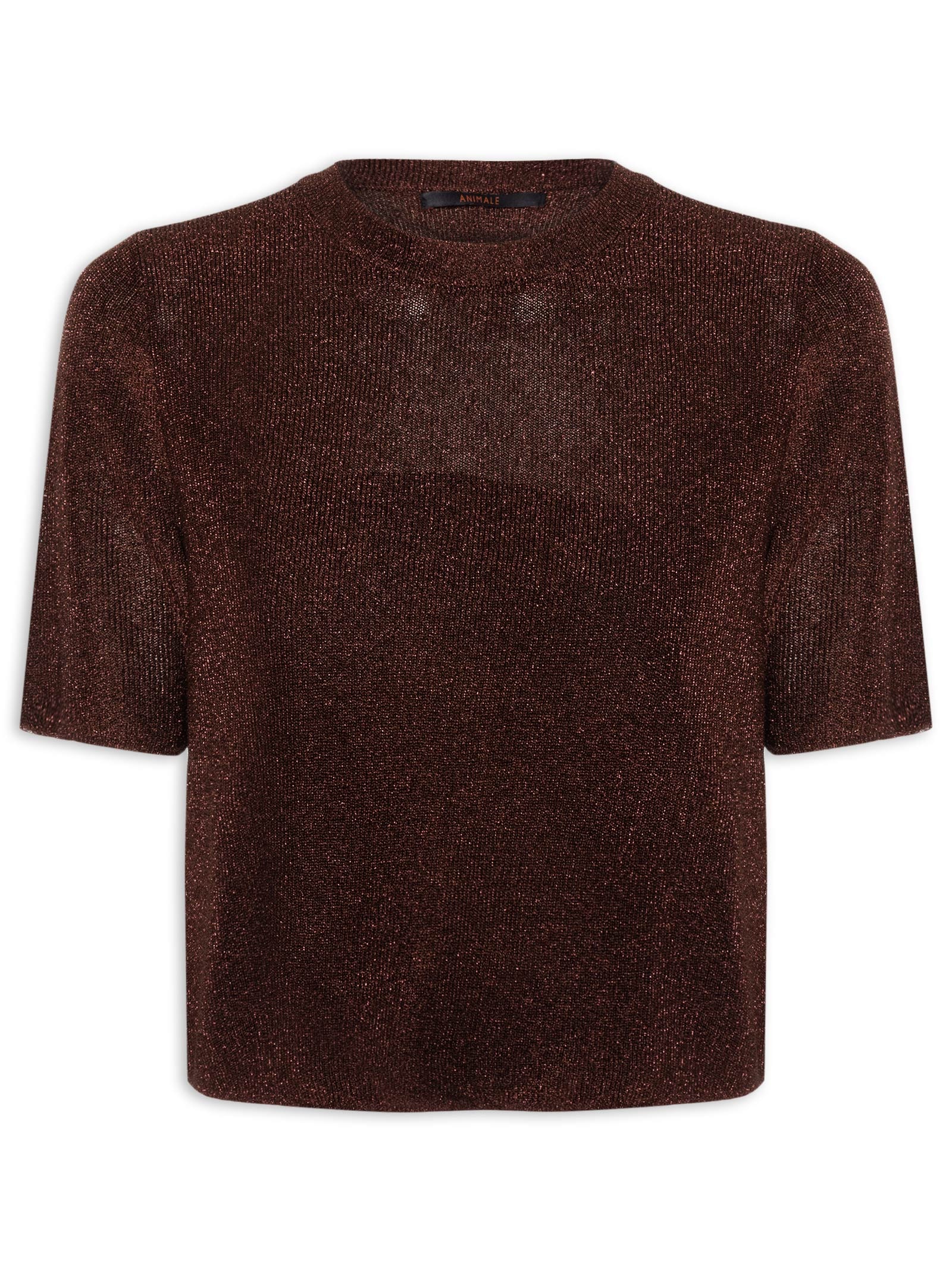 T- Shirt Feminina Decite redondo Tricot Lurex Marrom Animale