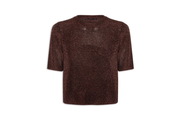 T- Shirt Feminina Decite redondo Tricot Lurex - Marrom