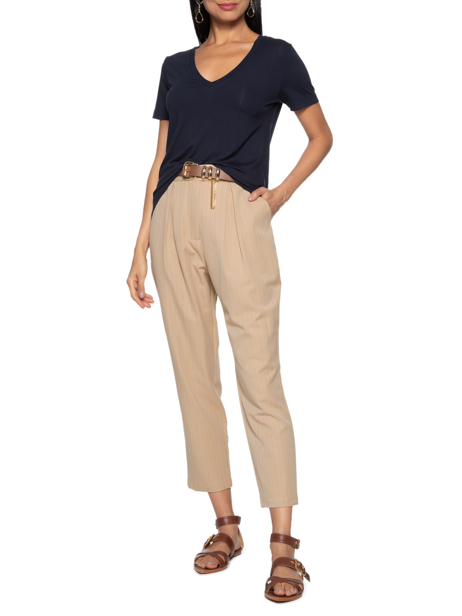 T-shirt Feminina Malha Básica Decote V Azul Mob