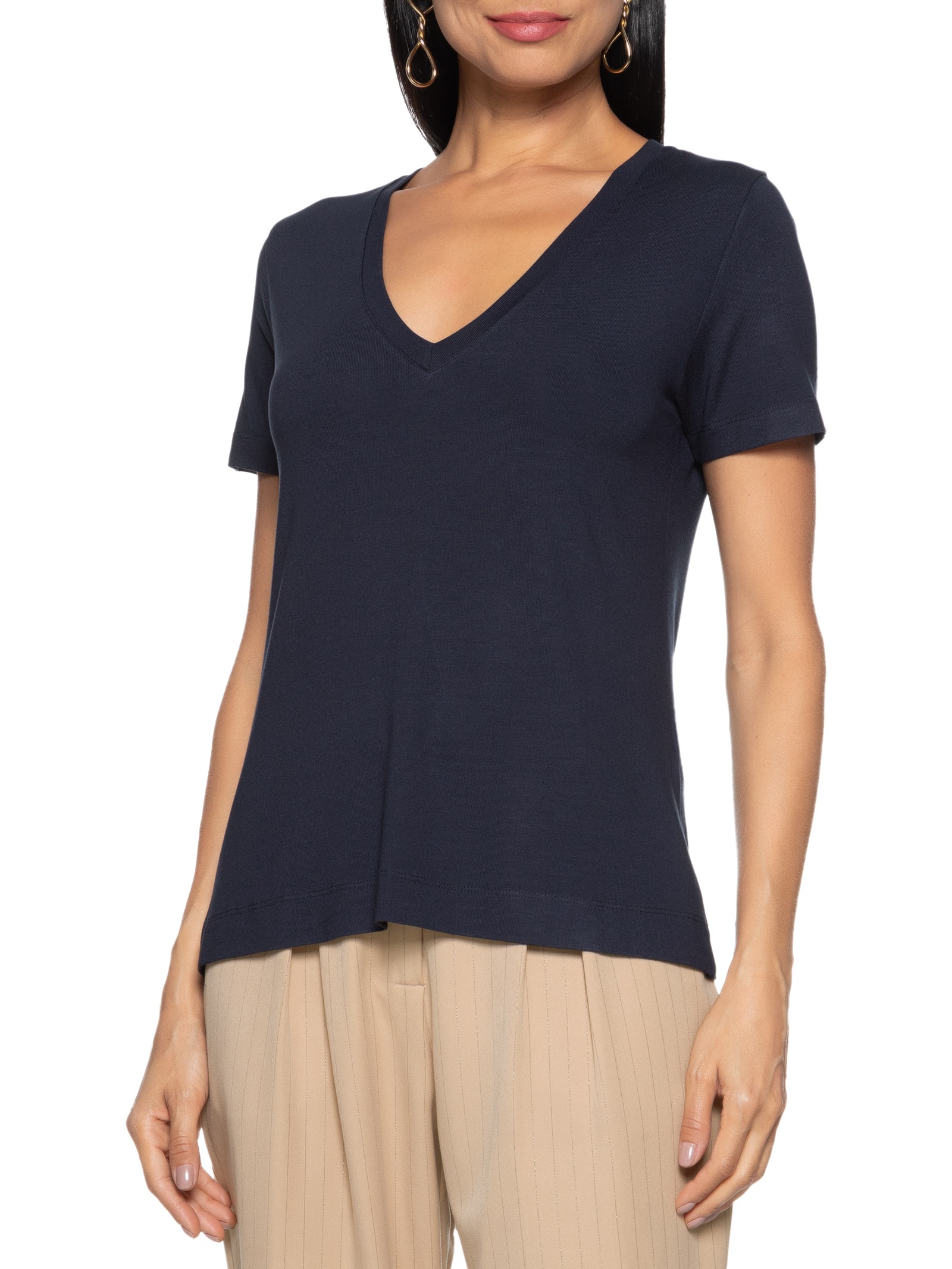 T-shirt Feminina Malha Básica Decote V Azul Mob