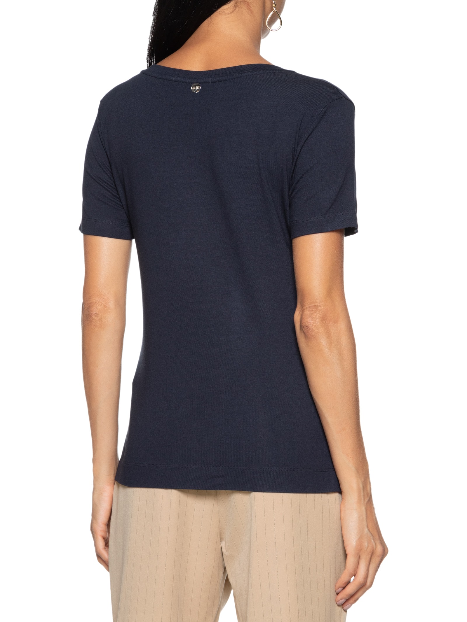 T-shirt Feminina Malha Básica Decote V Azul Mob