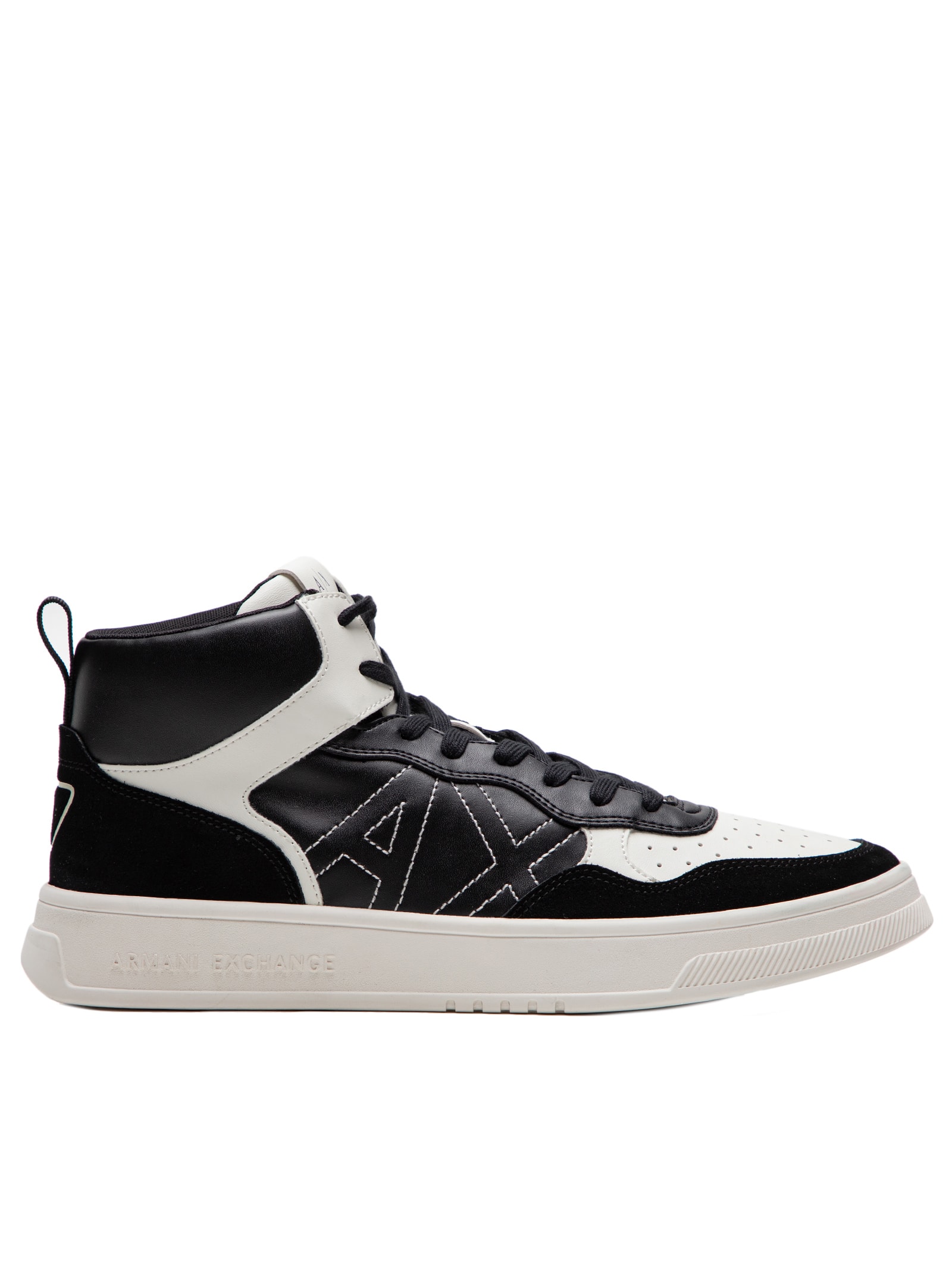Tênis Masculino Cano Alto com Recortes em Couro Preto Armani Exchange