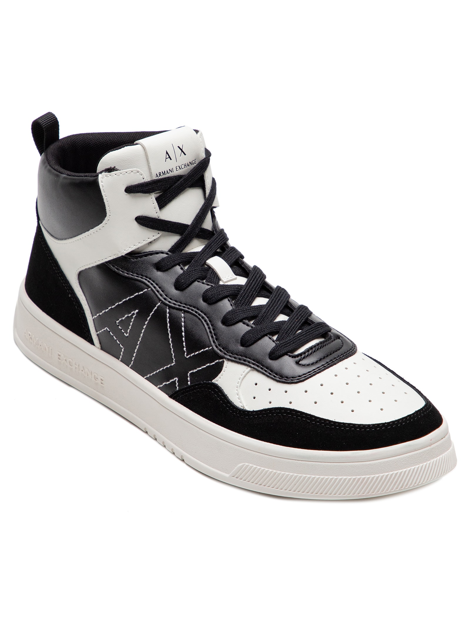 Tênis Masculino Cano Alto com Recortes em Couro Preto Armani Exchange