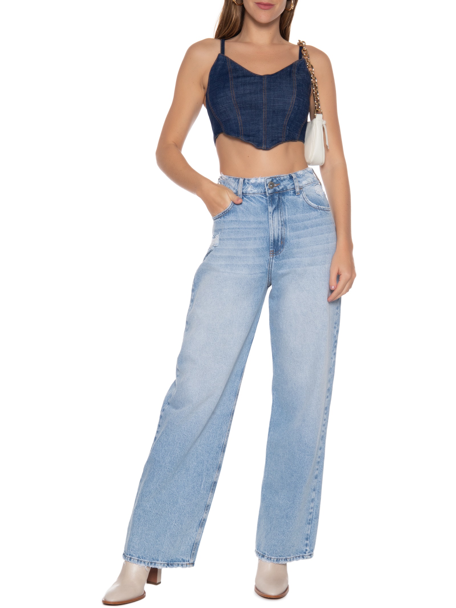 Morena Rosa - Top Corset Sem Alças Detalhe Zíper - Azul