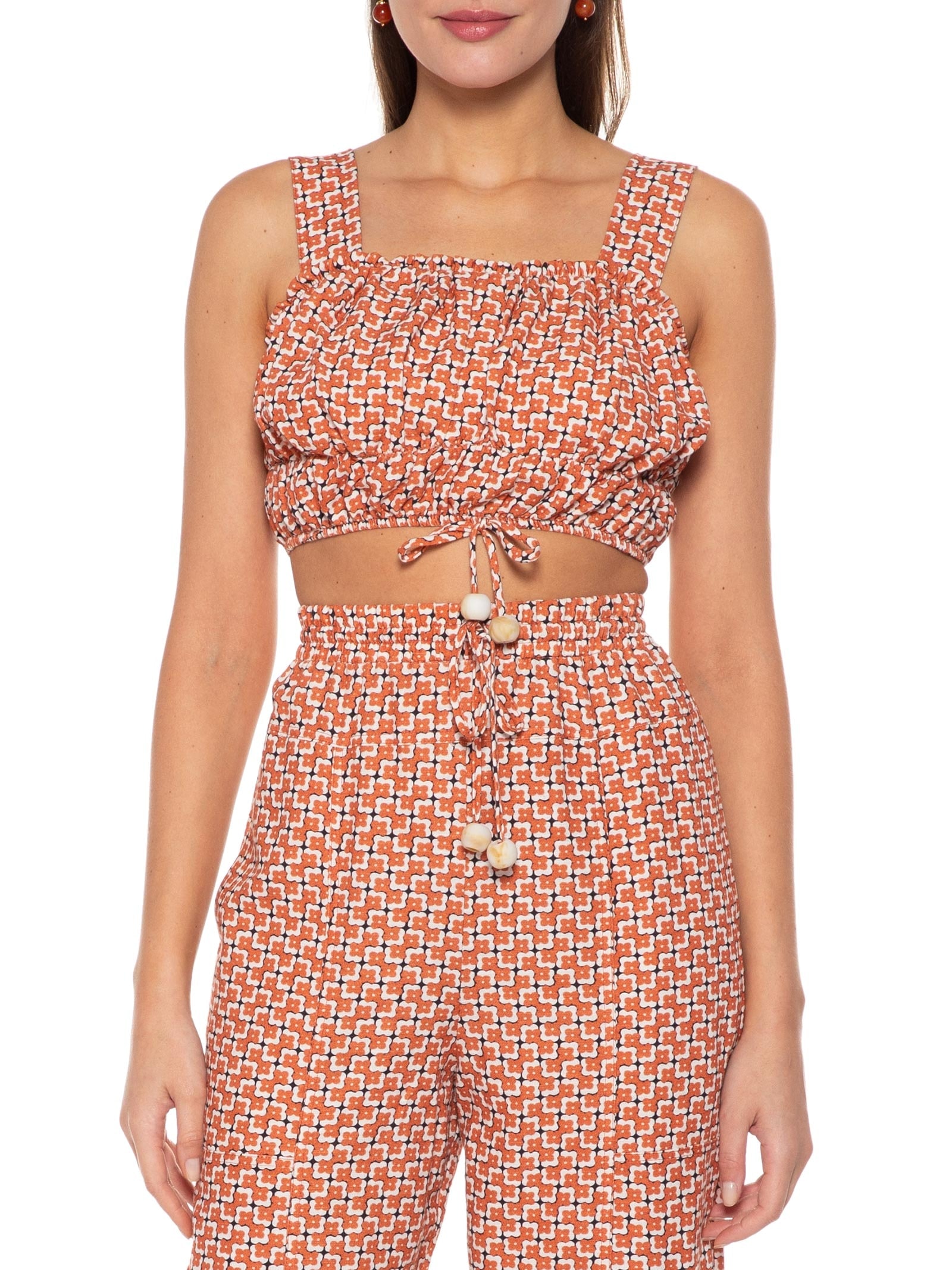 Top Cropped Alças Largas Estampa Floral Laranja Mob