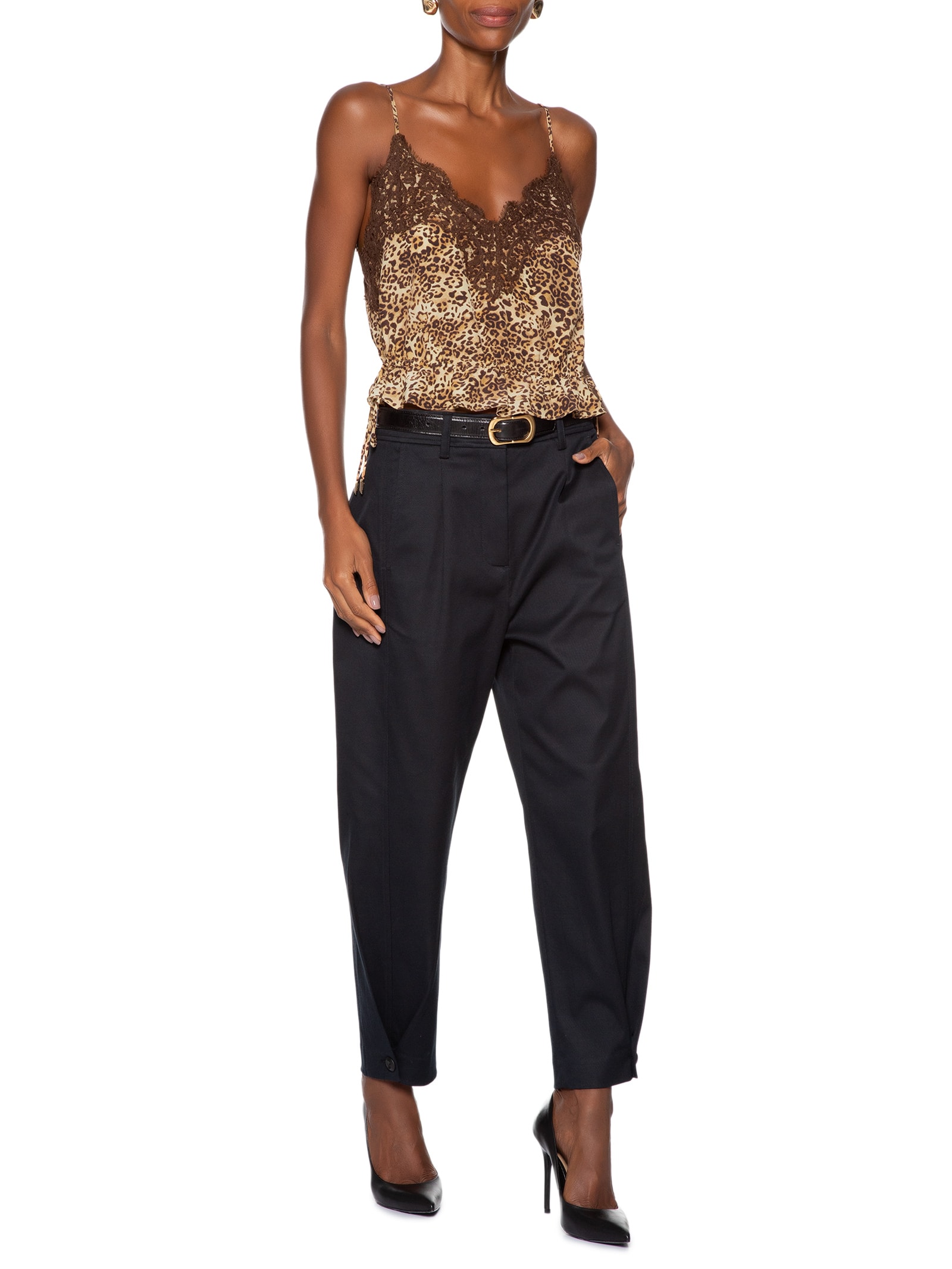 Top Cropped De Seda Estampa Onça Classic Detalhe De Renda Animal Print Animale