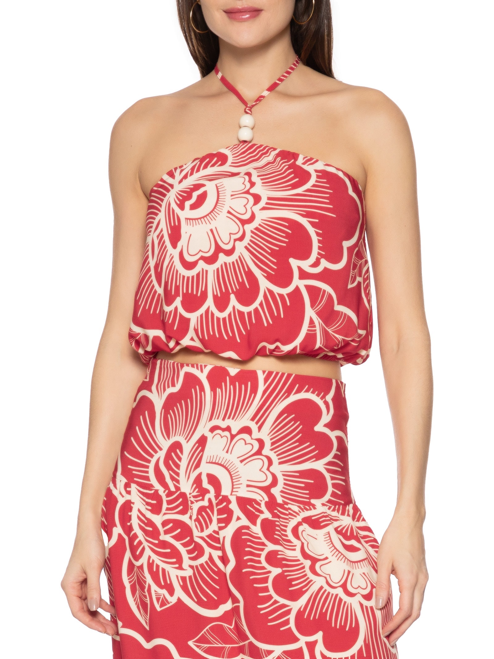 Top Cropped Elástico Detalhe Contas Vermelho Cacay