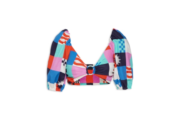 Top Cropped Estampa Xadrez Navy - Azul