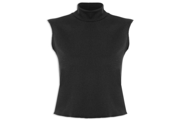 Top Cropped Gola Alta Textura - Preto