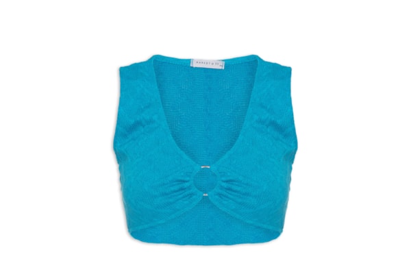 Top Cropped Malha Tricot Aviamento Metal - Azul