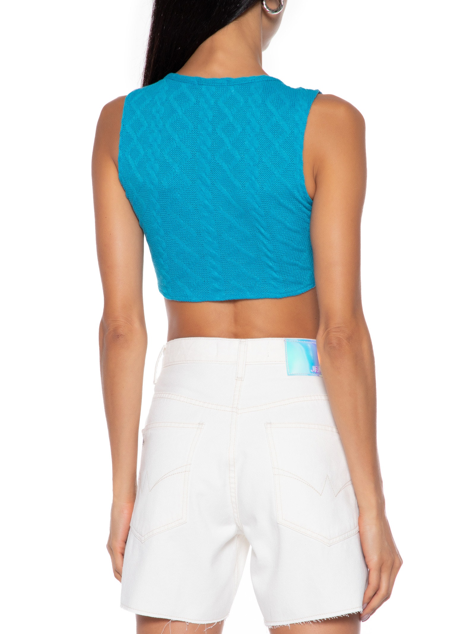 Top Cropped Malha Tricot Aviamento Metal Azul Market 33