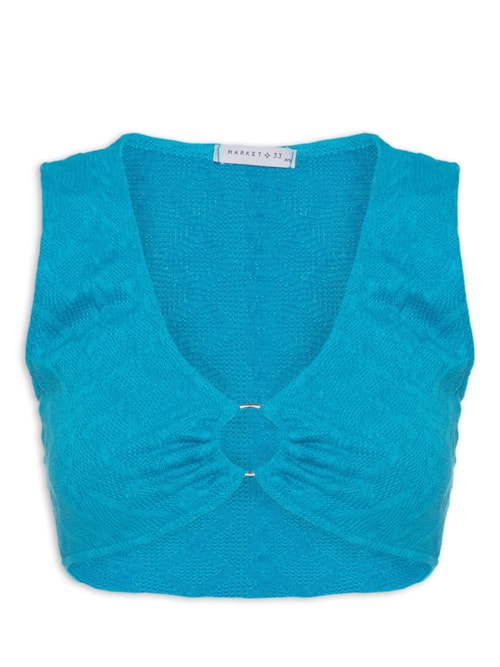 Top Cropped Malha Tricot Aviamento Metal – Azul