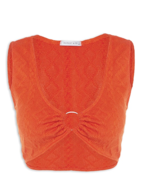 Top Cropped Malha Tricot Aviamento Metal – Laranja