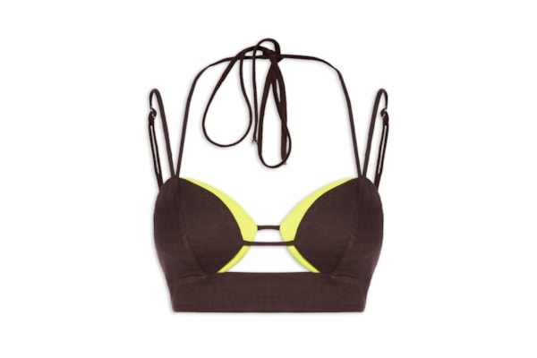 Top De Alça Busto Duplo Com Linho - Marrom