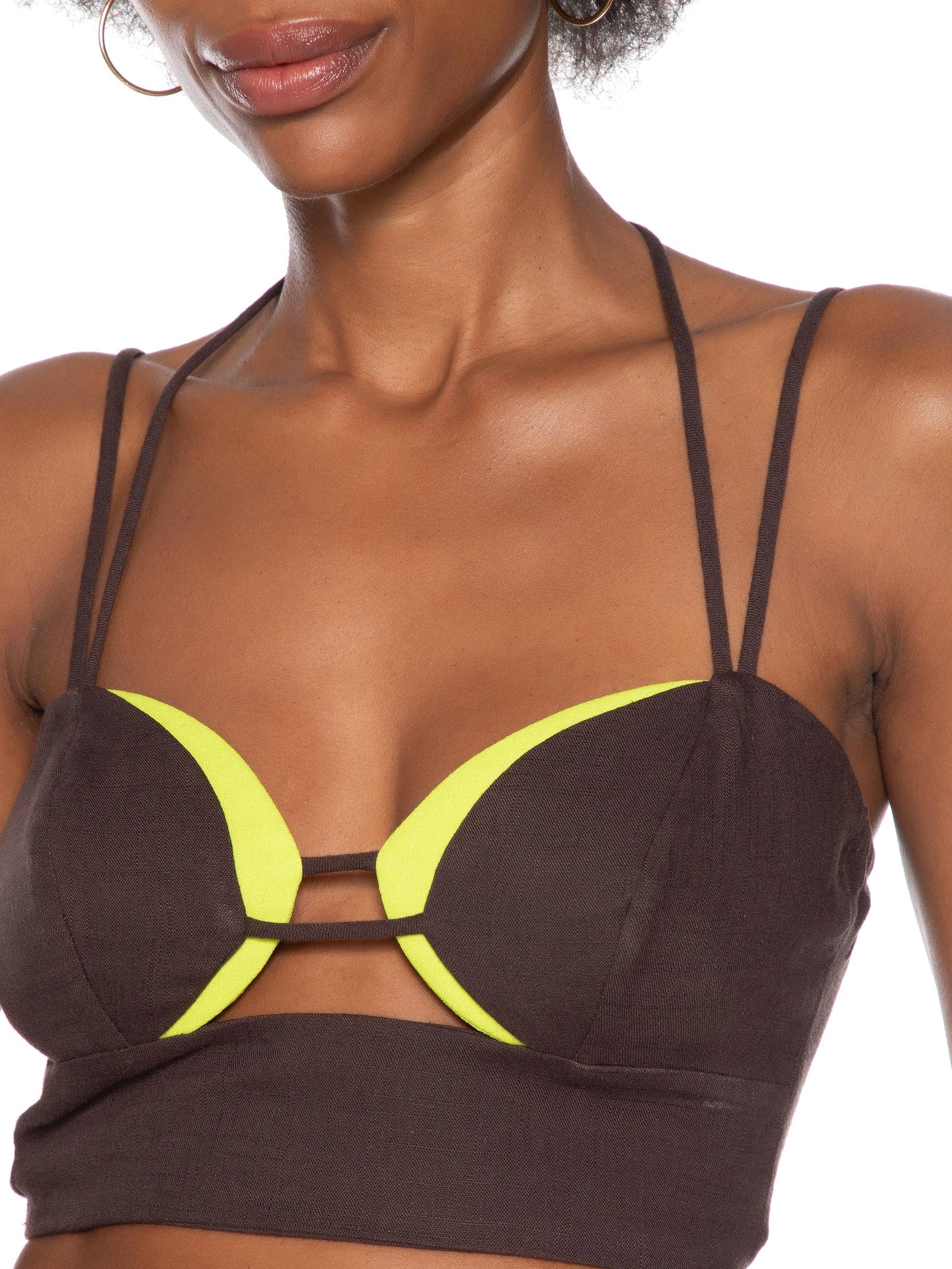 Top De Alça Busto Duplo Com Linho Marrom My Favorite