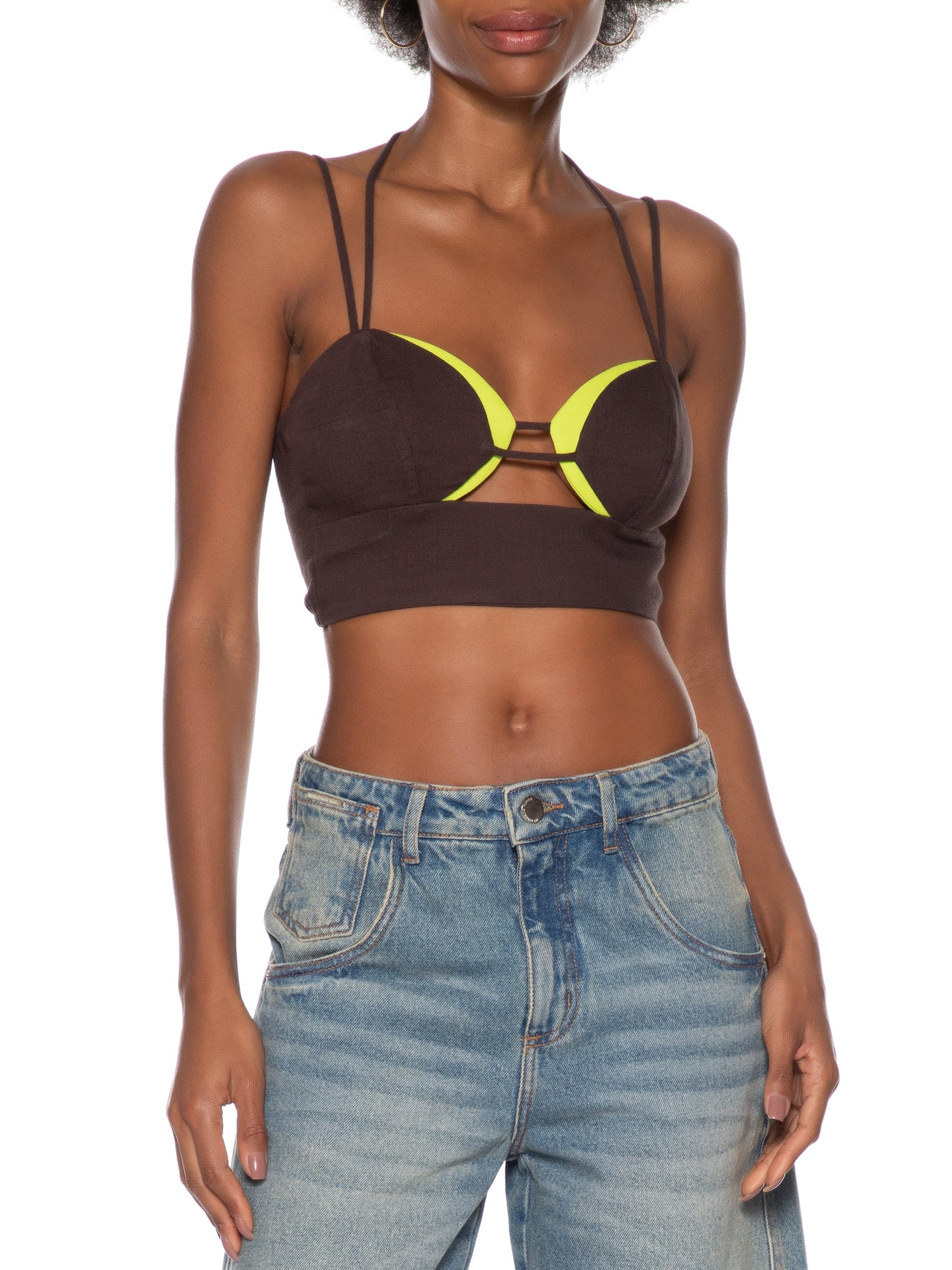 Top De Alça Busto Duplo Com Linho Marrom My Favorite