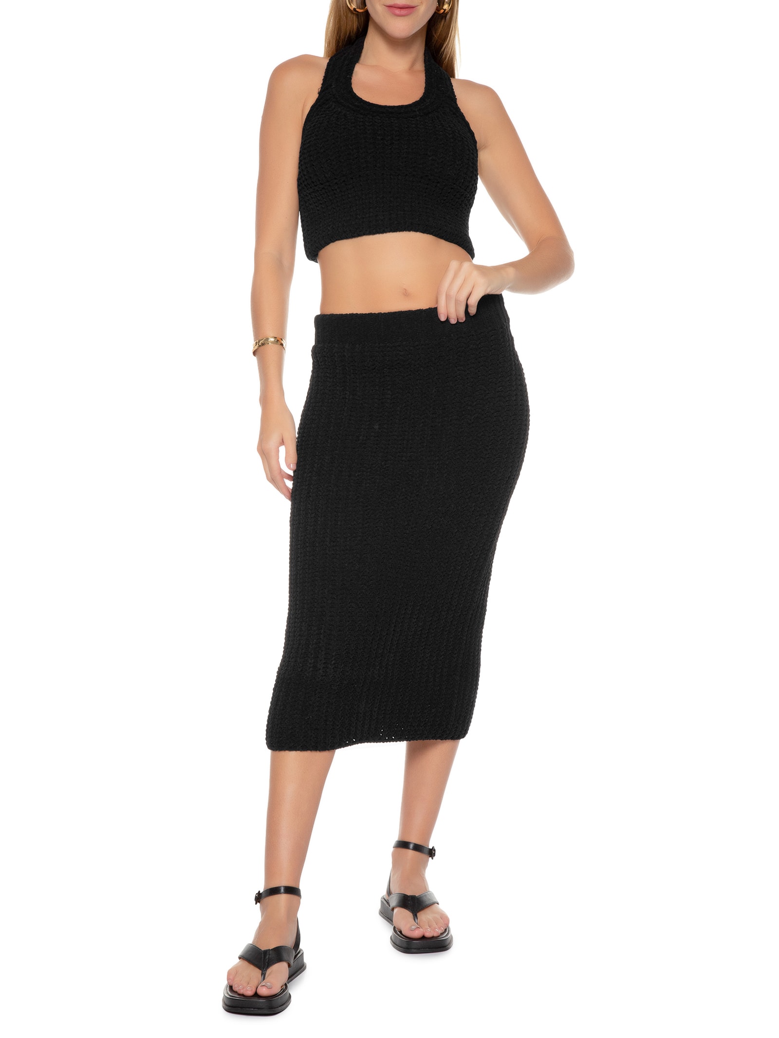Top De Tricot Ponto Crochet Preto Animale Jeans