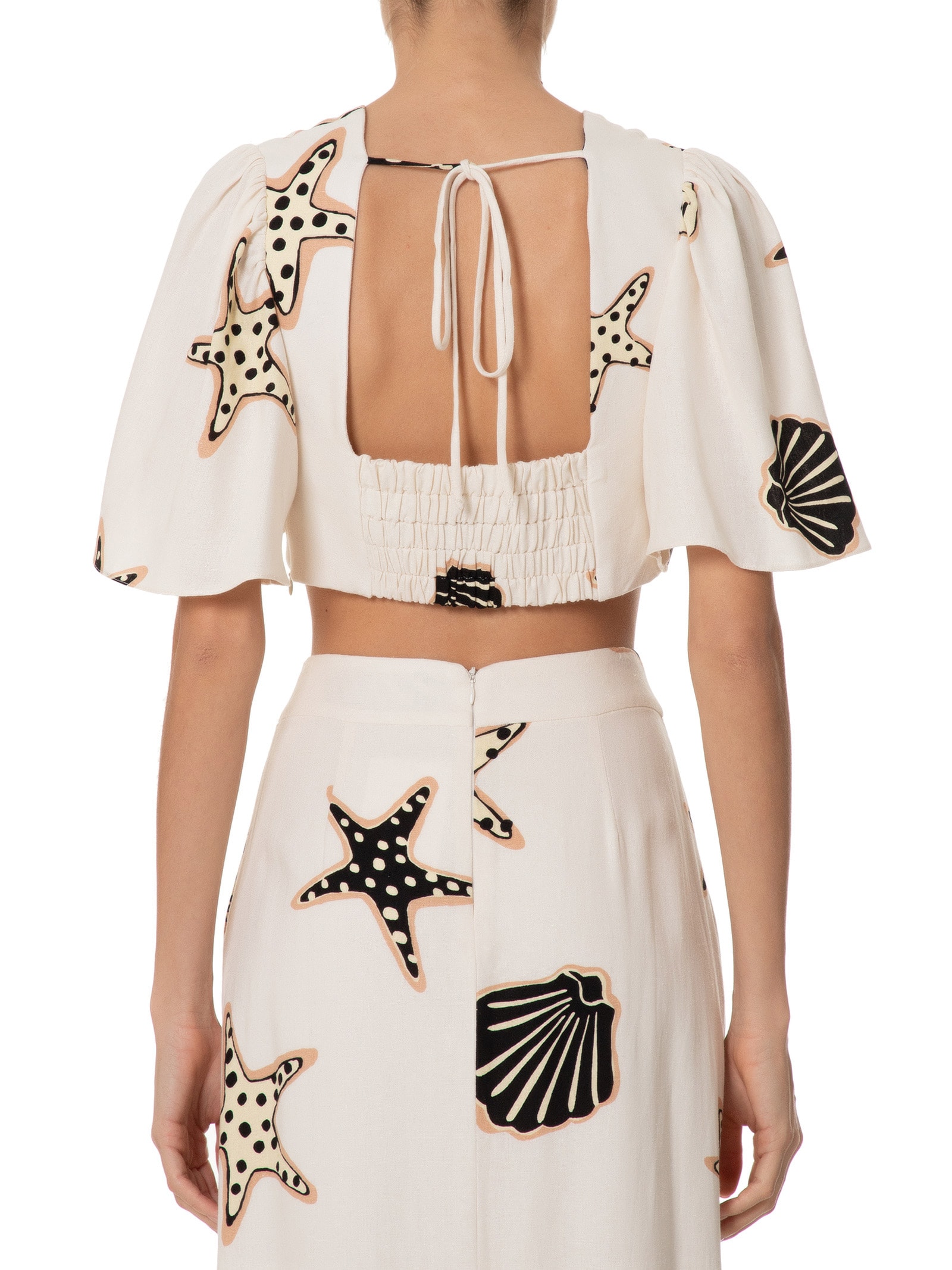 Top Decote V Linho Estampa Marinha Bege Dress To