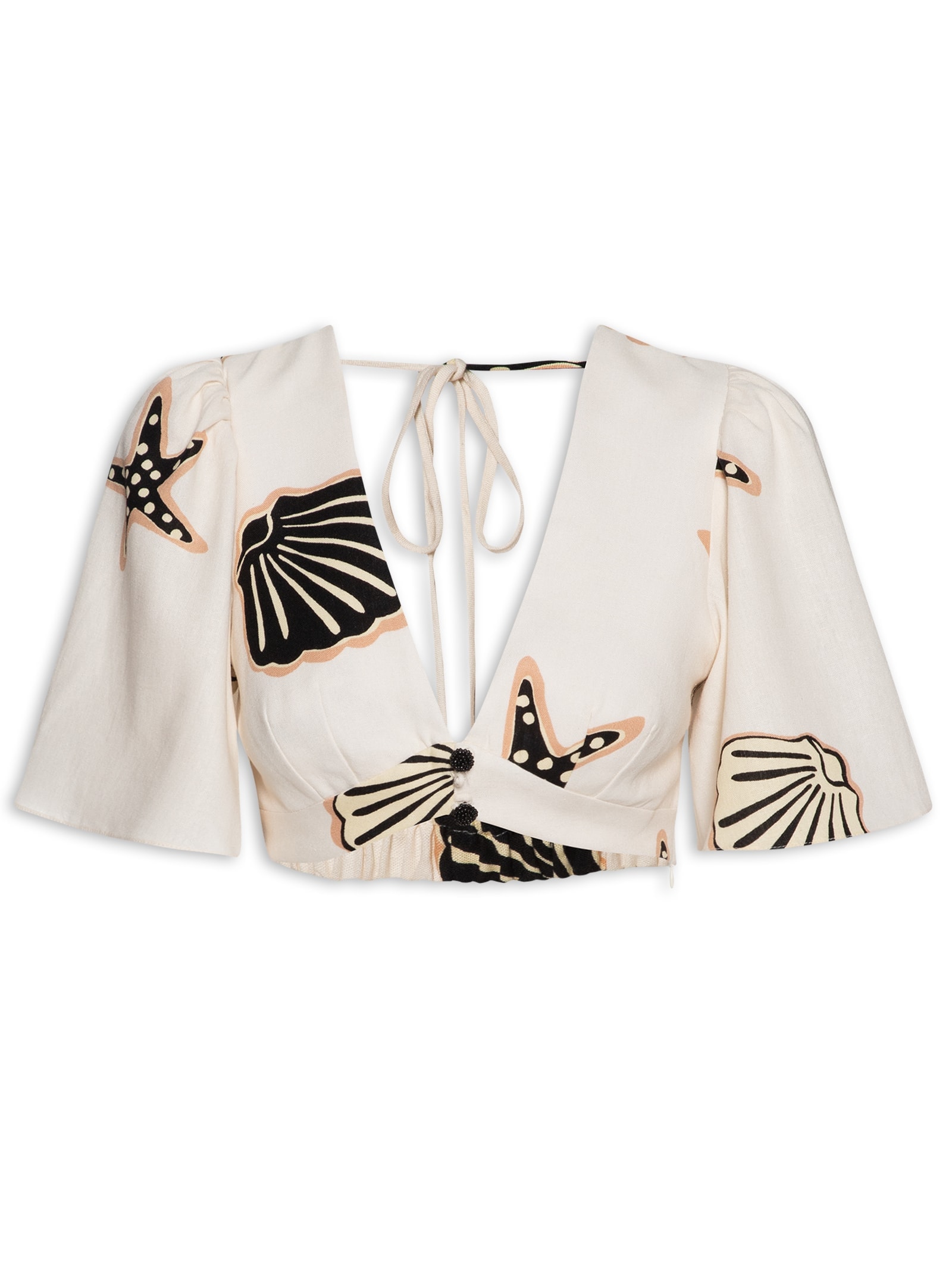 Top Decote V Linho Estampa Marinha Bege Dress To