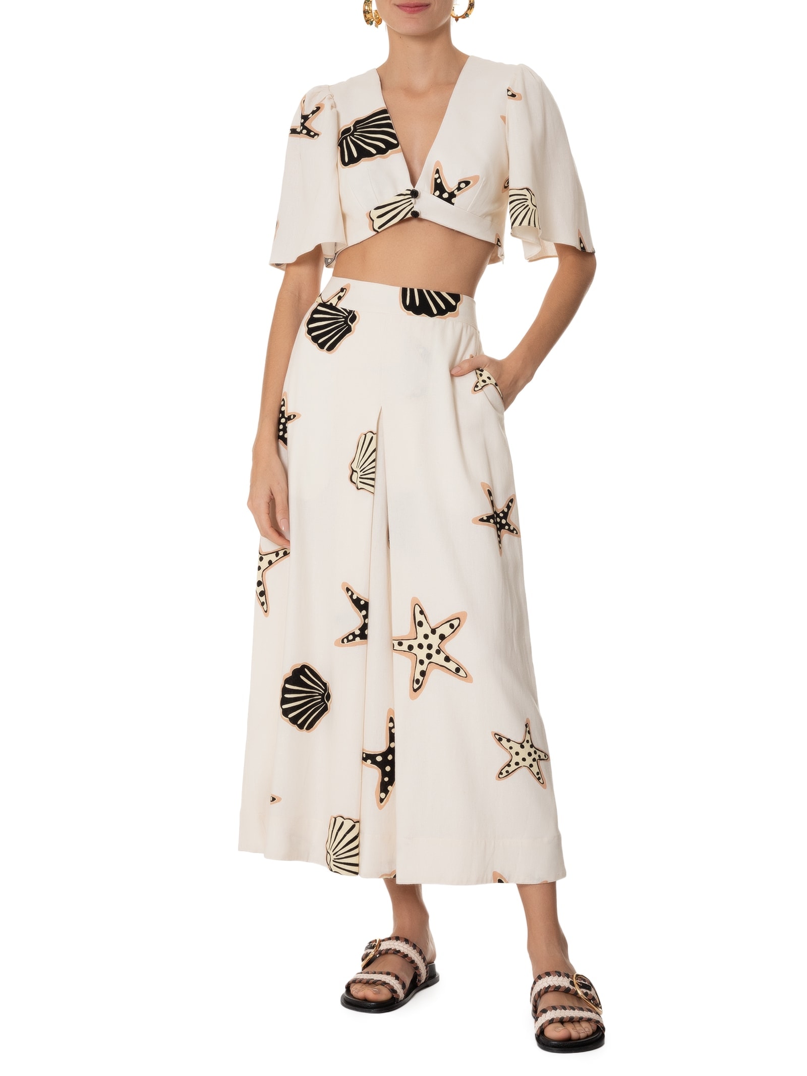 Top Decote V Linho Estampa Marinha Bege Dress To