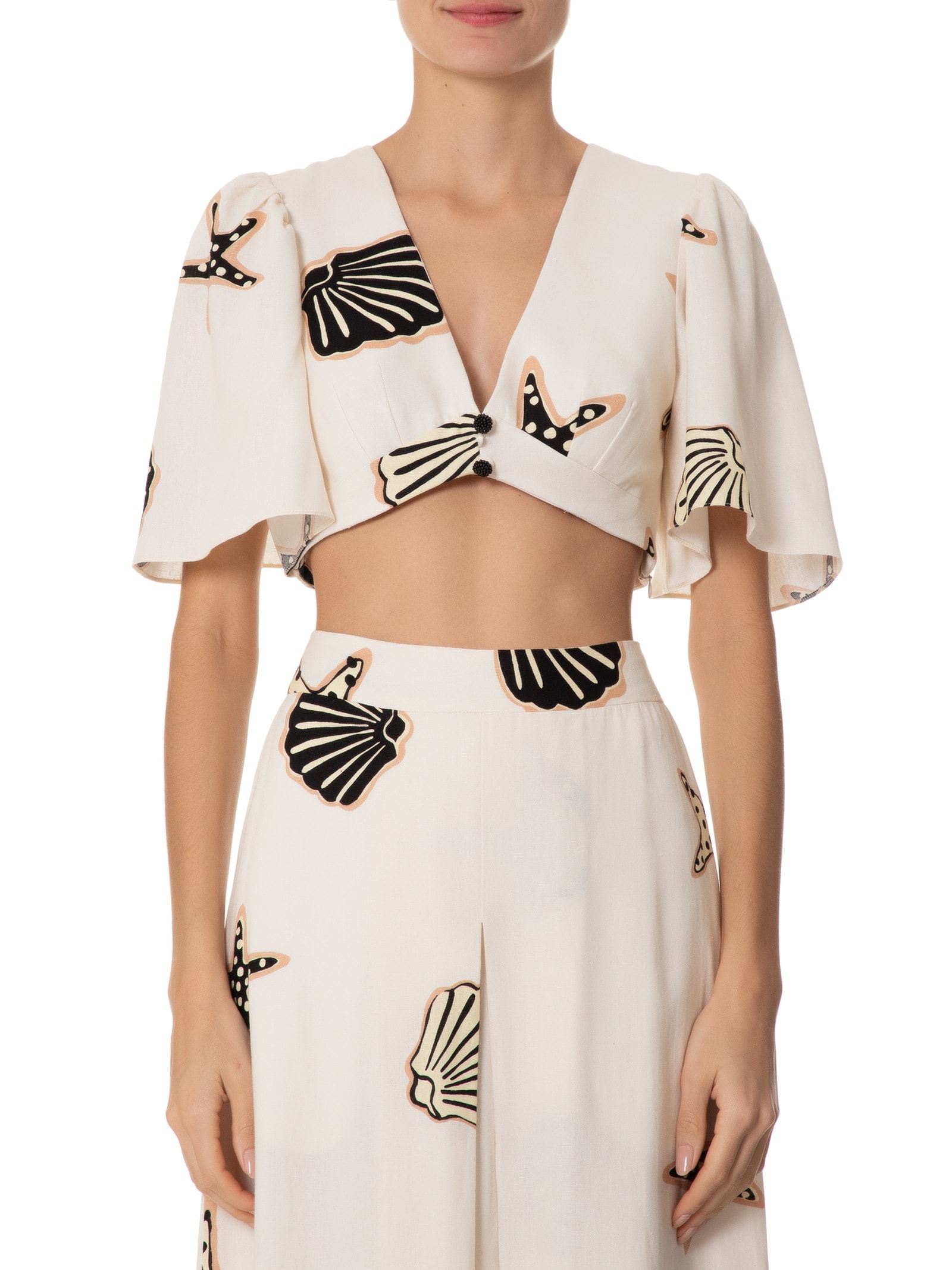 Top Decote V Linho Estampa Marinha Bege Dress To