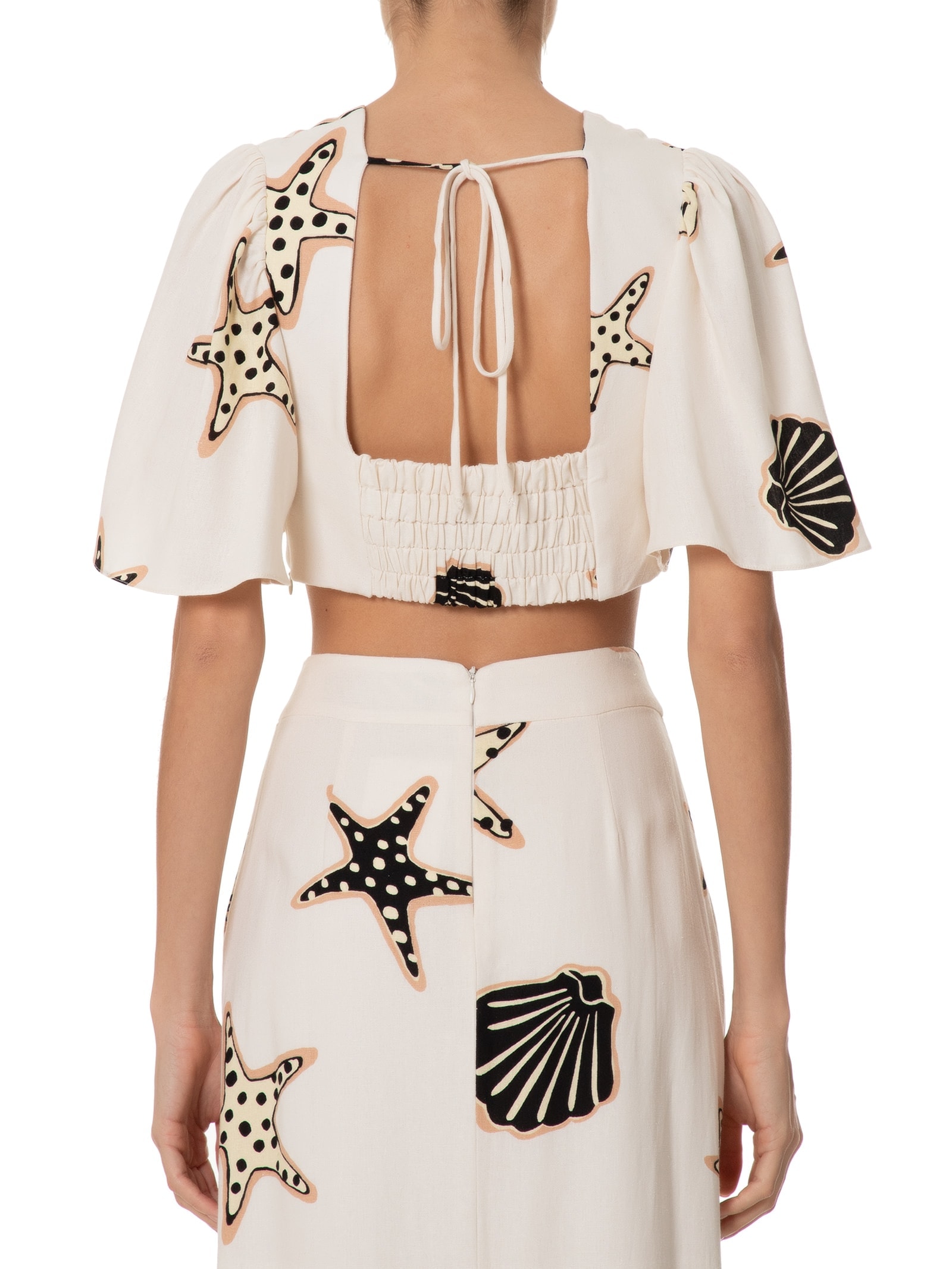 Top Decote V Linho Estampa Marinha Bege Dress To