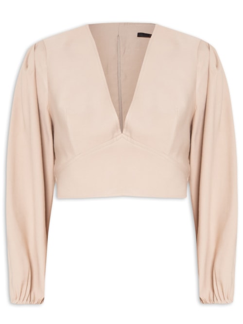 Top Decote V Manga Bufante – Bege