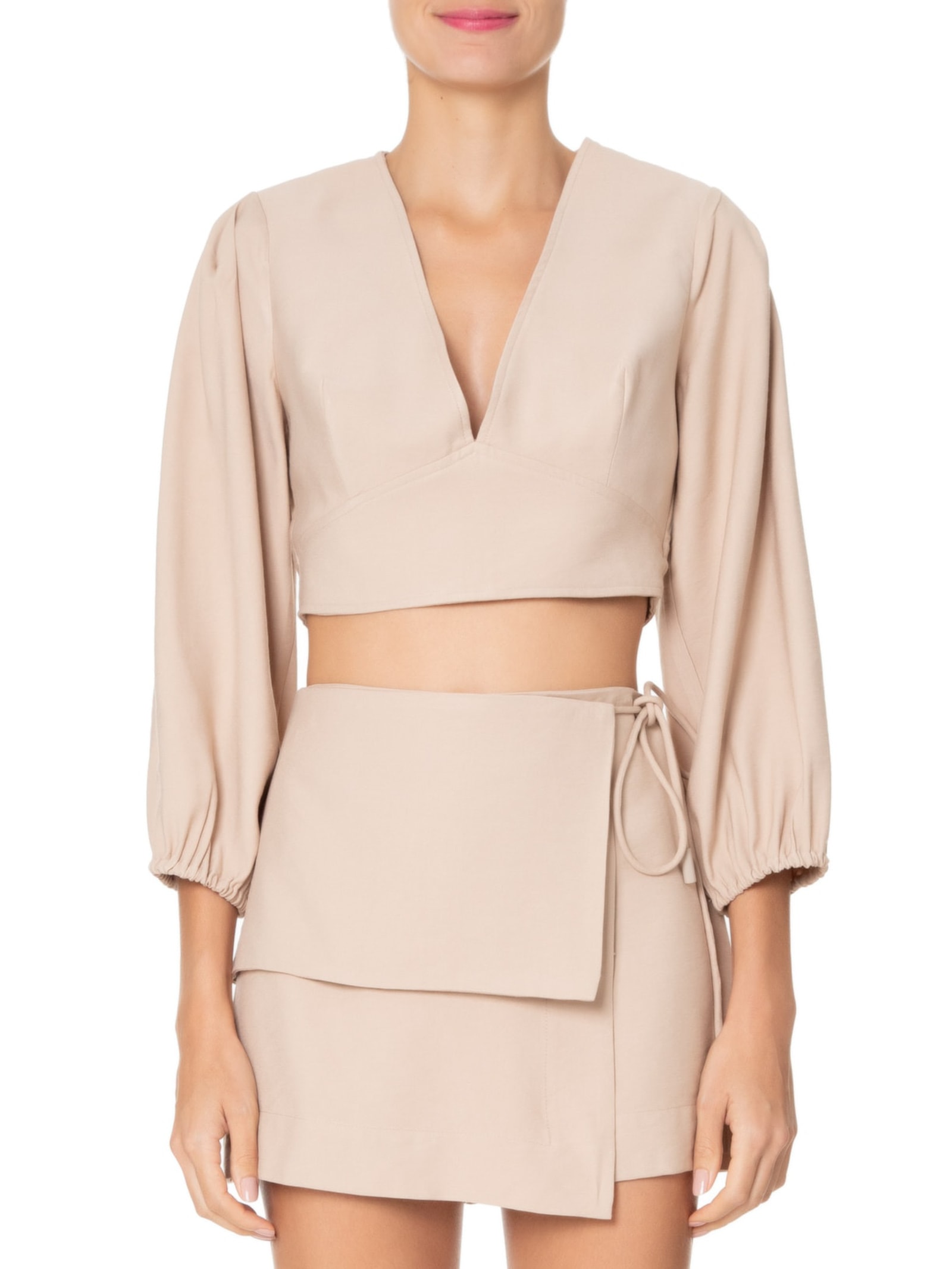 Top Decote V Manga Bufante Bege Animale