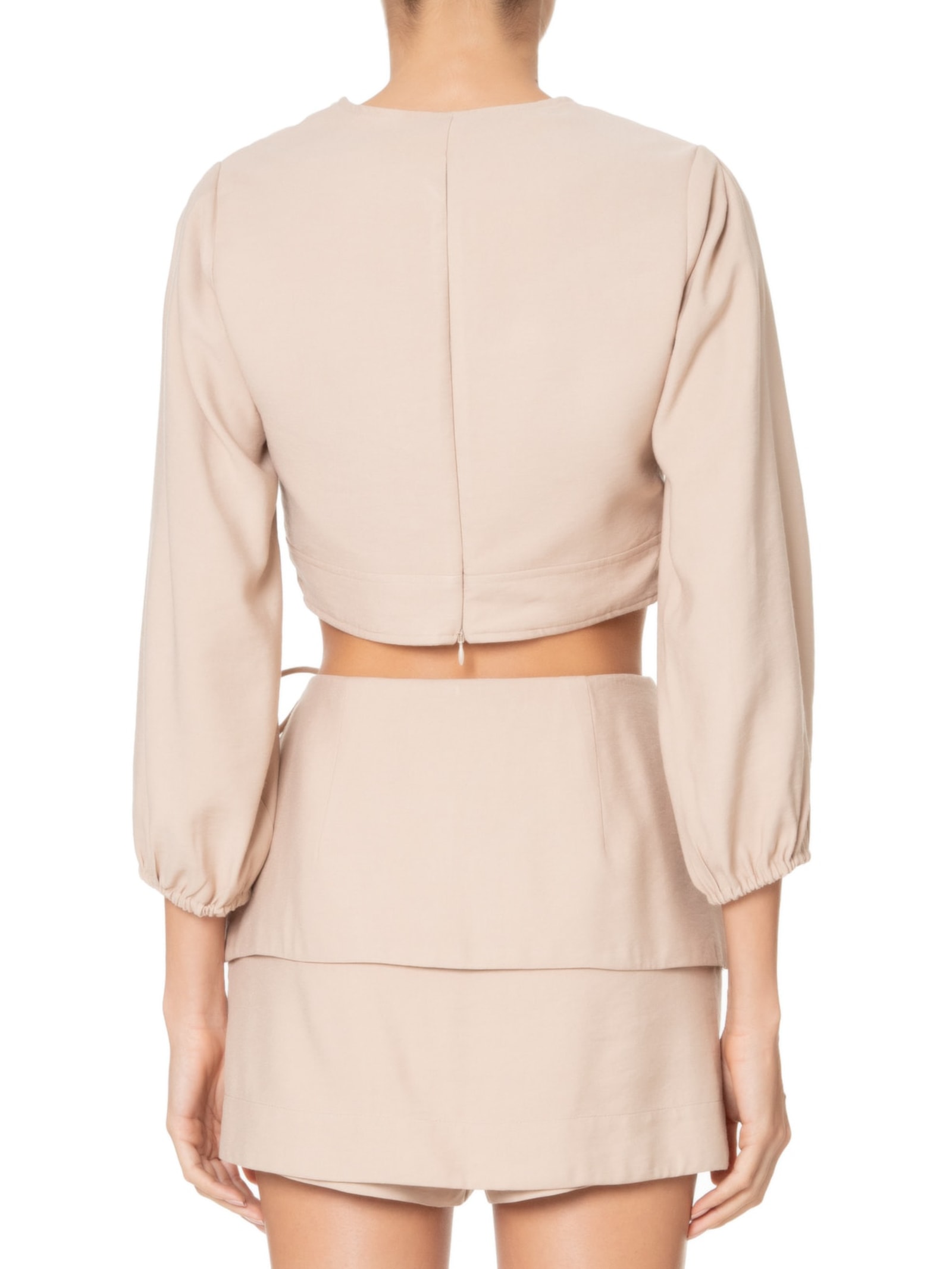 Top Decote V Manga Bufante Bege Animale