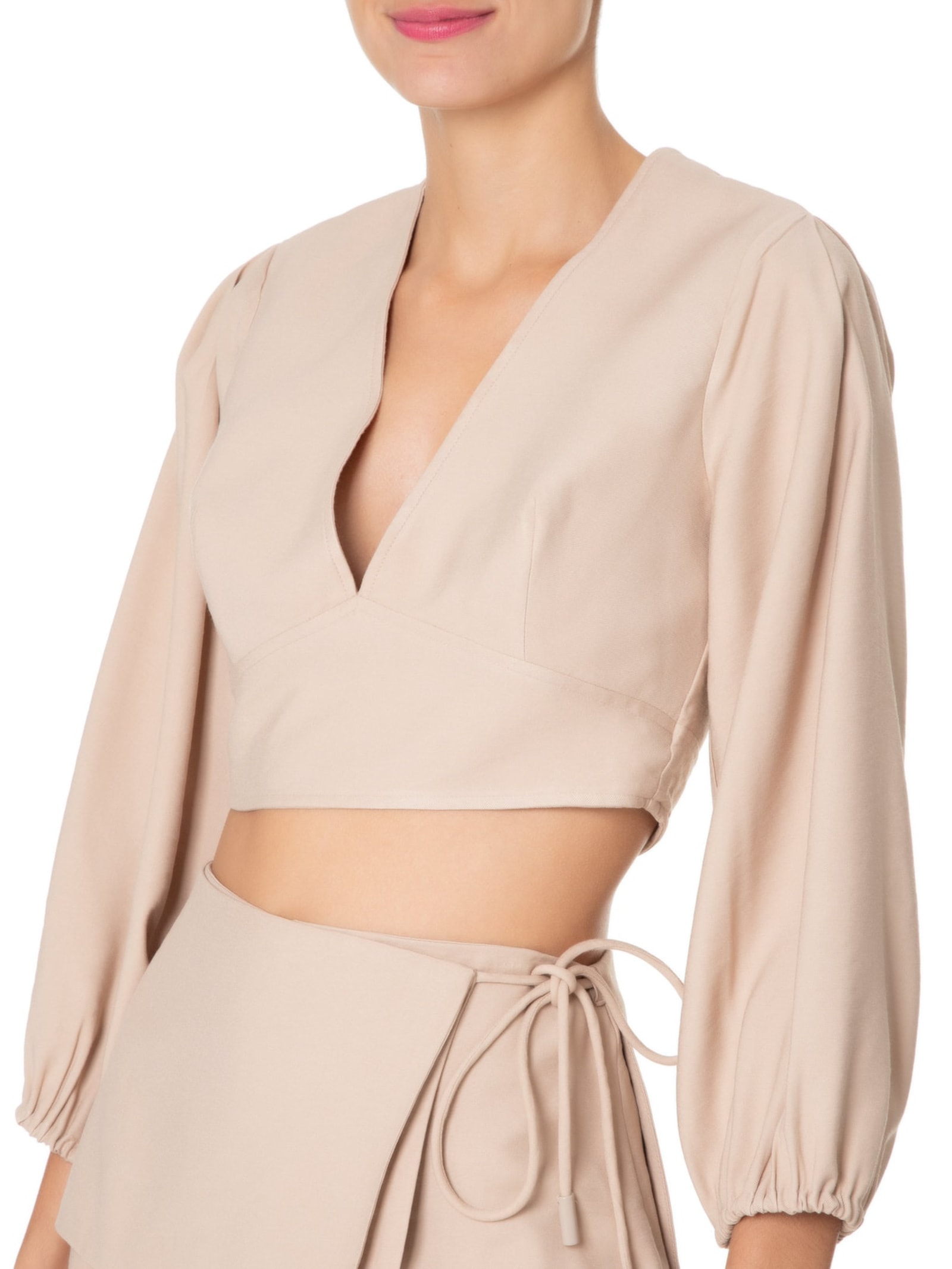 Top Decote V Manga Bufante Bege Animale