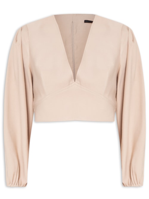 Top Decote V Manga Bufante - Bege