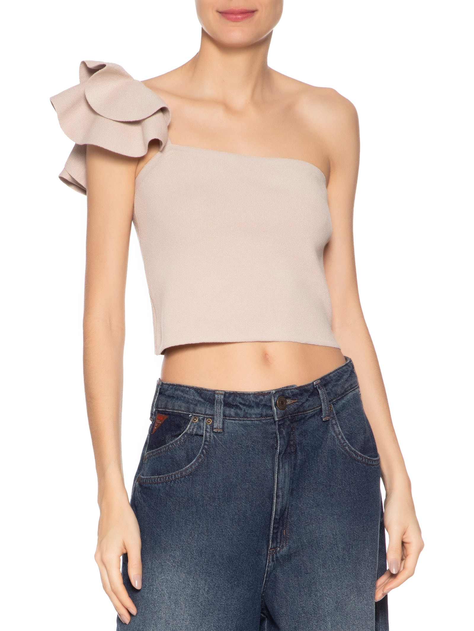 Top Em Tricot Com Alça Babado Bege Market 33